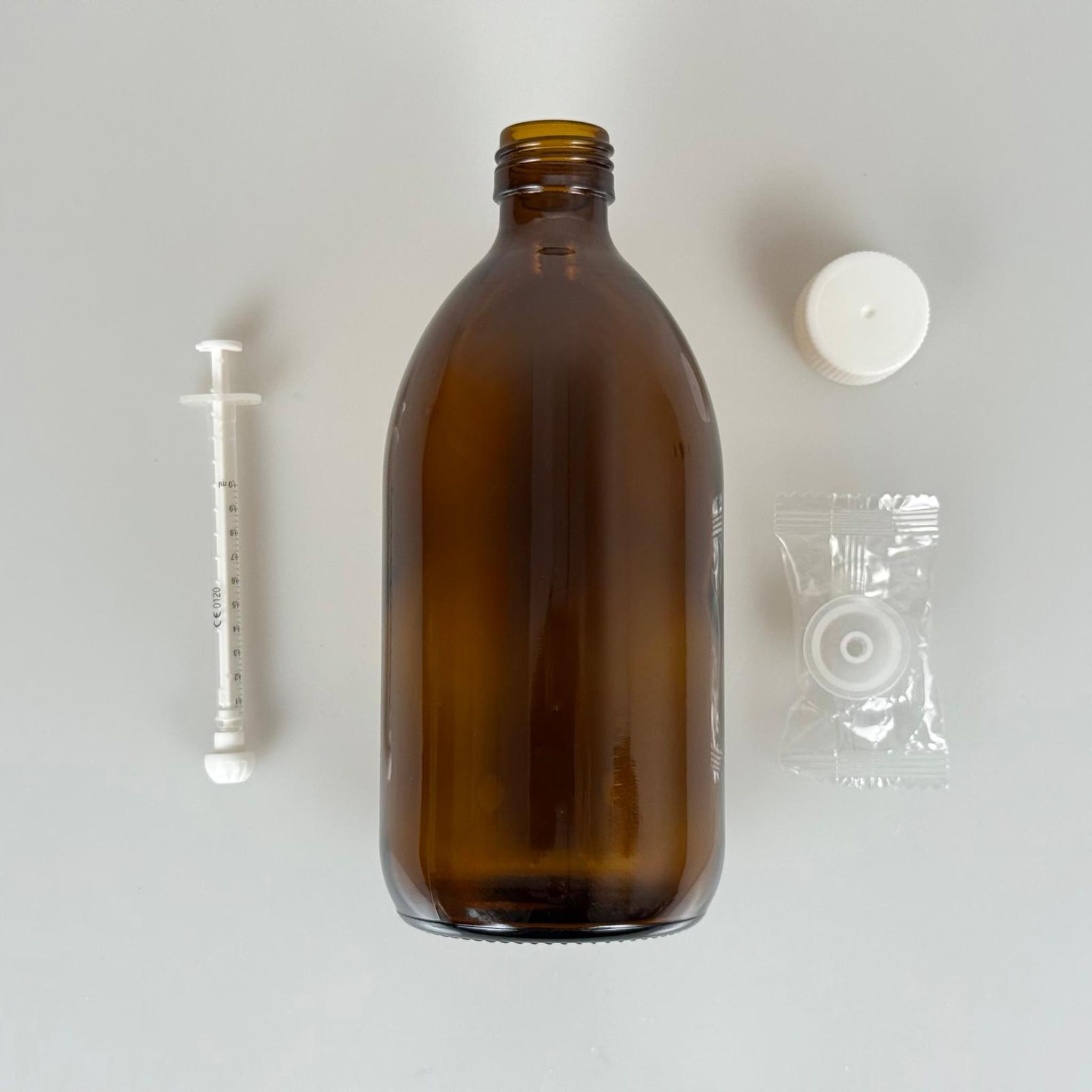 500 ML CAM ECZA ŞİŞESİ + 1 ML DOZAJ PİPETİ + DOZAJ TIPASI + CONTALI PLASTİK KAPAK TAKIM