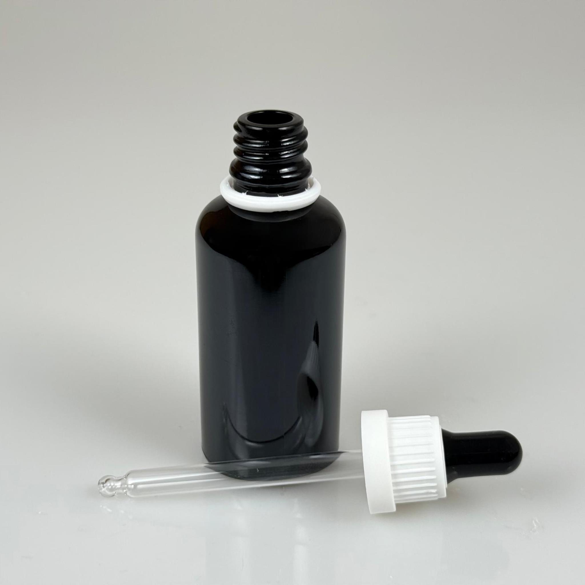 50 CC SİYAH CAM DAMLALIKLI ŞİŞE - SİYAH EMZİK - BEYAZ PLASTİK KİLİTLİ KAPAK - 50 ML SİYAH CAM DAMLALIKLI ŞİŞE