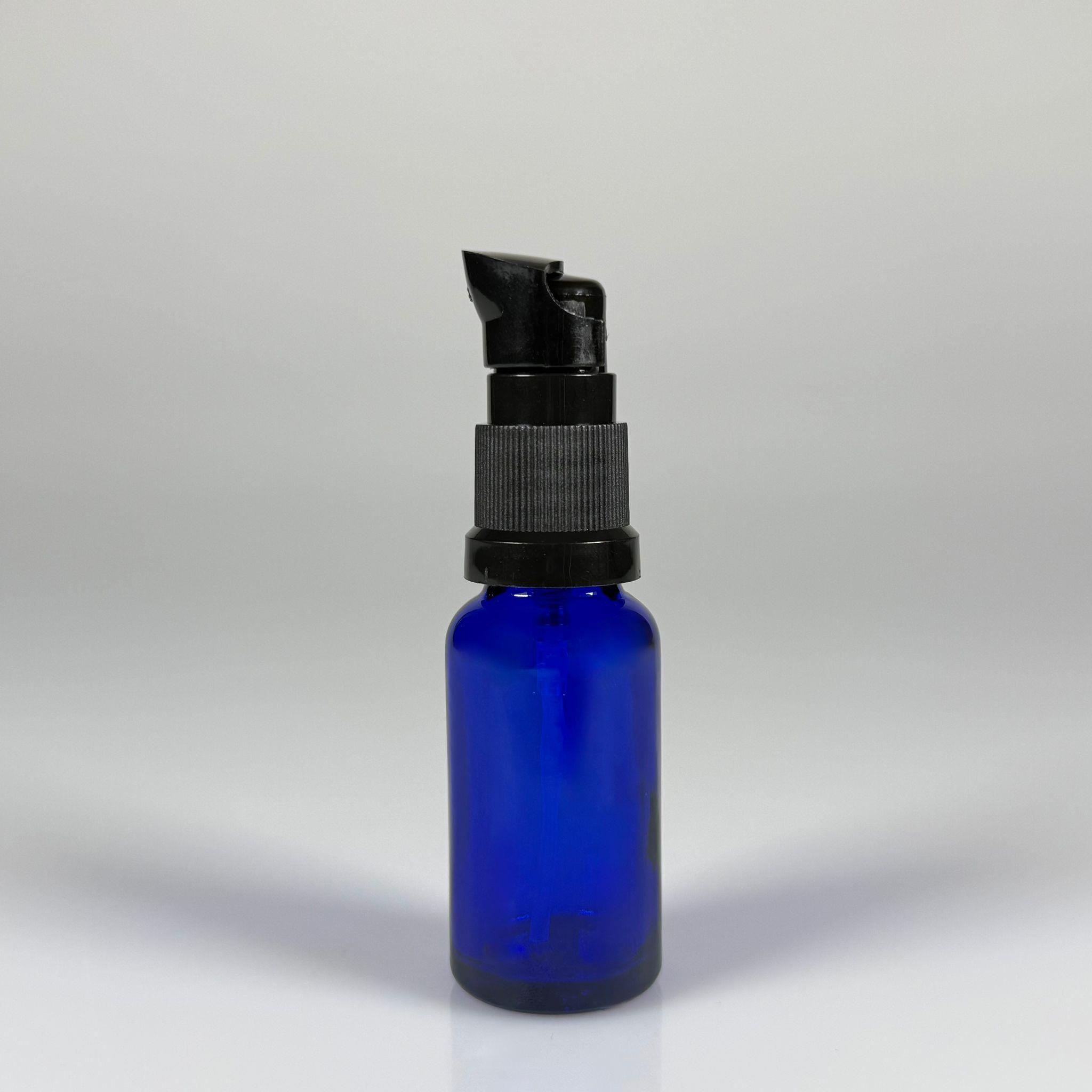 20 CC MAVİ CAM ŞİŞE - SIZDIRMAZ ETEKLİ SİYAH LOSYON POMPALI TAKIM - 20 ML LOSYON ŞİŞESİ - YAĞ, KREM GİBİ YOĞUN KIVAMLI SIVILAR İÇİN CAM AMBALAJ