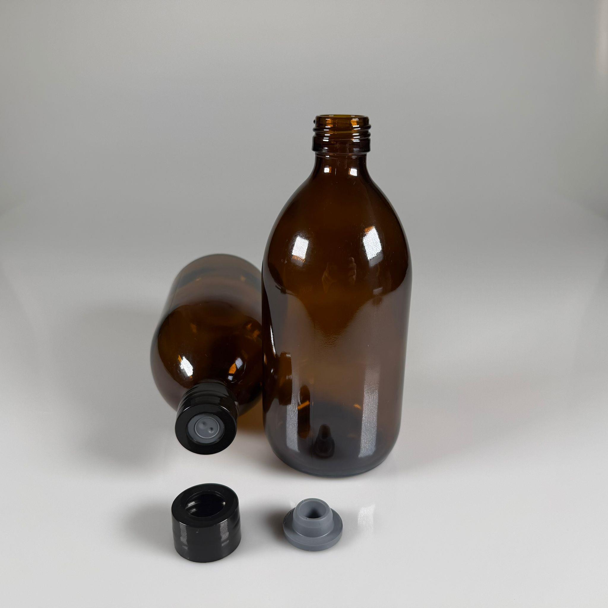 FLAKON ENJEKTÖR SERUM ŞİŞESİ - 500 ML ECZA CAM ŞİŞE + VİDALI DELİKLİ KAPAK (ELLE ÇEVİREREK KAPANIR) + KAUÇUK BUTİL TIPA TAKIM