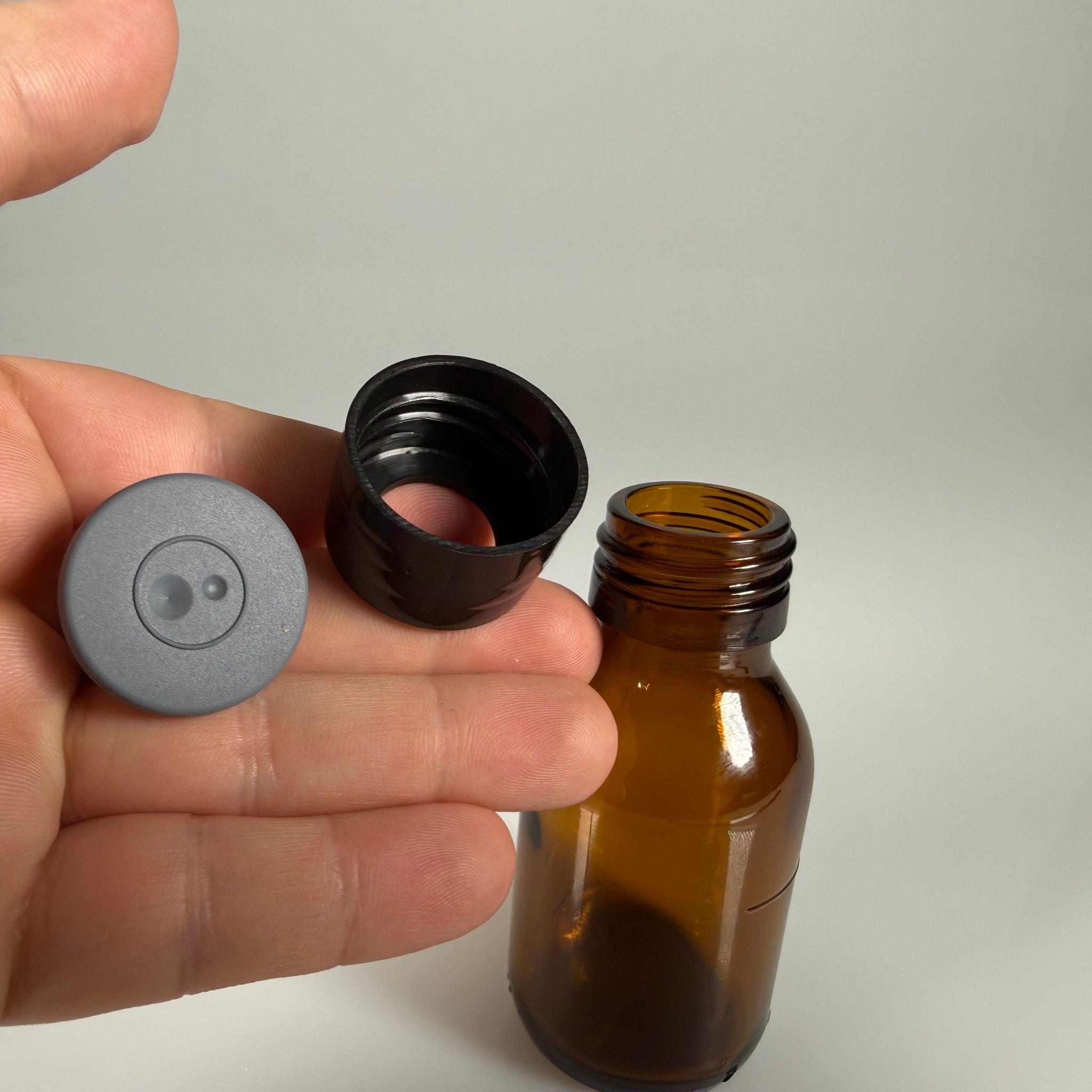 FLAKON ENJEKTÖR SERUM ŞİŞESİ - 50 ML AMBER ECZA CAM ŞİŞE + VİDALI DELİKLİ KAPAK (ELLE ÇEVİREREK KAPANIR) + KAUÇUK BUTİL TIPA TAKIM