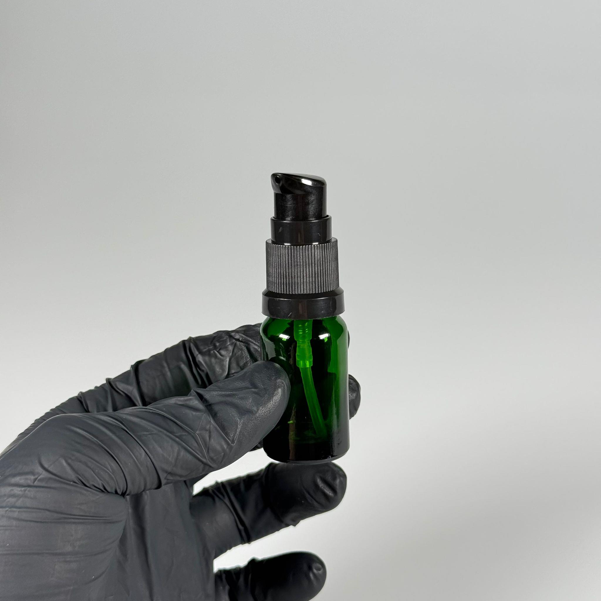 10 CC YEŞİL CAM ŞİŞE - SIZDIRMAZ ETEKLİ SİYAH LOSYON POMPALI TAKIM - 10 ML LOSYON ŞİŞESİ - YAĞ, KREM GİBİ YOĞUN KIVAMLI SIVILAR İÇİN CAM AMBALAJ