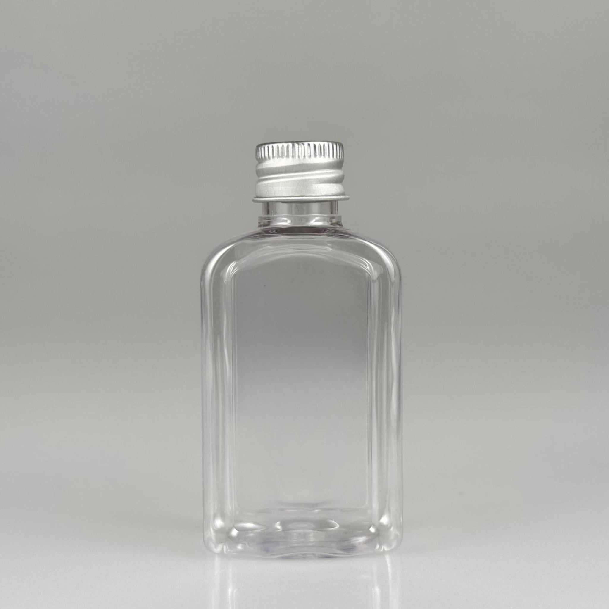50 CC ŞEFFAF YASSI KÖŞELİ MODEL PET ŞİŞE + KÖPÜK CONTALI GÜMÜŞ ALÜMİNYUM METAL KAPAKLI TAKIM - 50 ML PLASTİK ŞİŞE