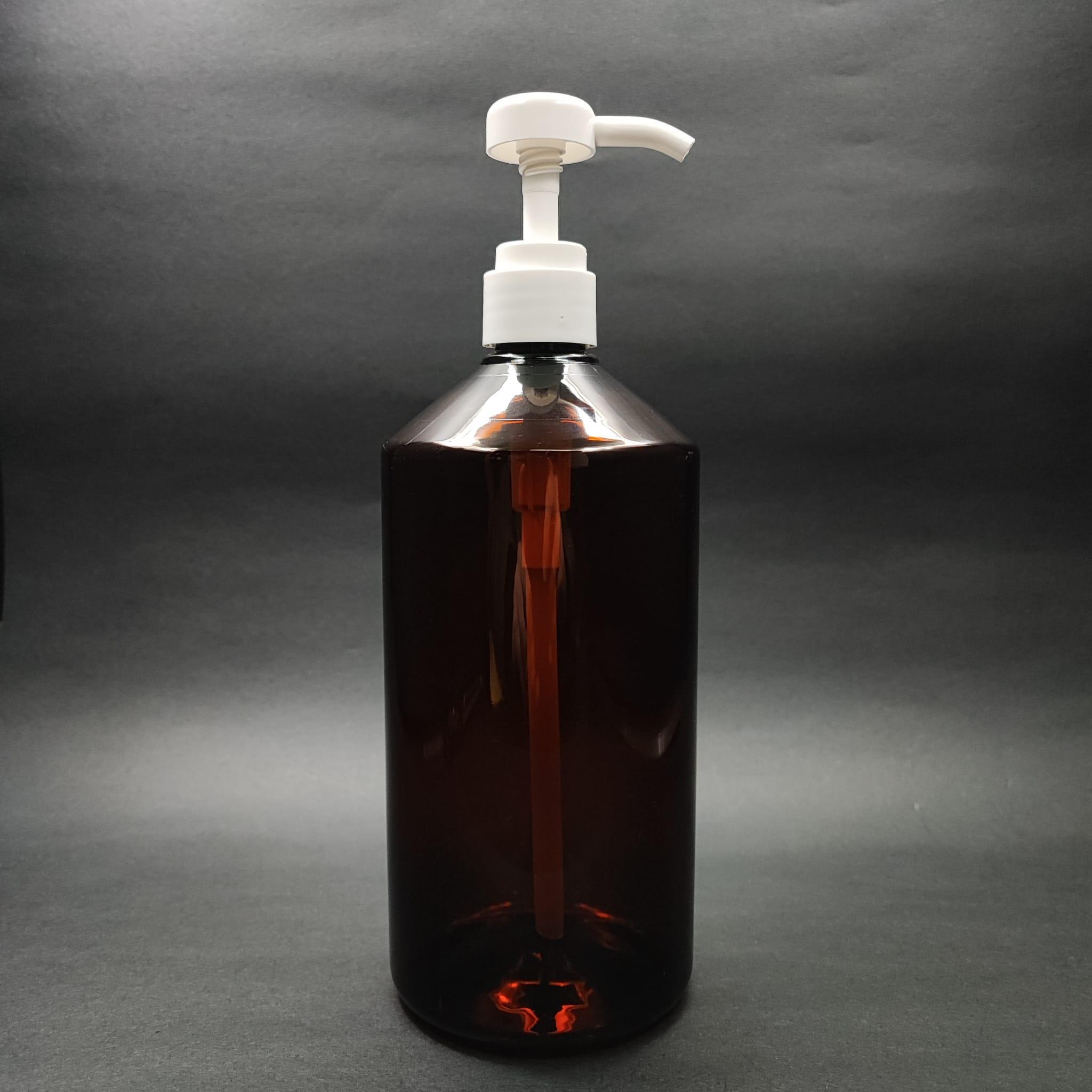 1000 CC AMBER PET ŞİŞE - BEYAZ DOZAJ POMPALI (HER BASMADA 4 CC SIVI ATAR)  - 1000 ML POMPALI ŞİŞE - ŞURUP, ŞAMPUAN, KREM GİBİ YOĞUN KIVAMLI SIVILARDA KULLANILIR