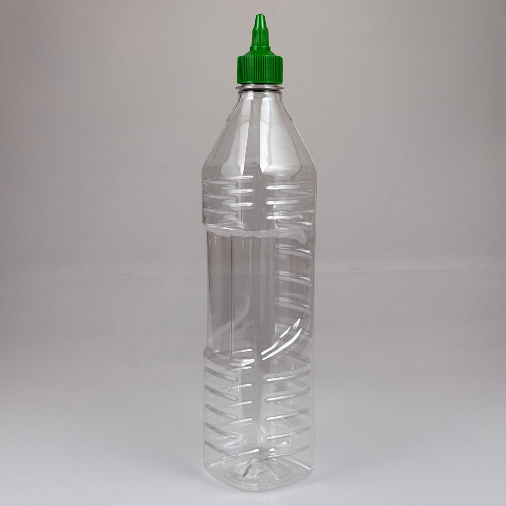 ZEYTİNYAĞI, SOS, ACI SOS, SİRKE, SRIRACHA VB BOŞ ŞİŞELERİ - YEŞİL SİVRİ TWİST AKITICI KAPAK + 1000 ML KARE KÖŞELİ ŞEFFAF PET PLASTİK ŞİŞE TAKIM