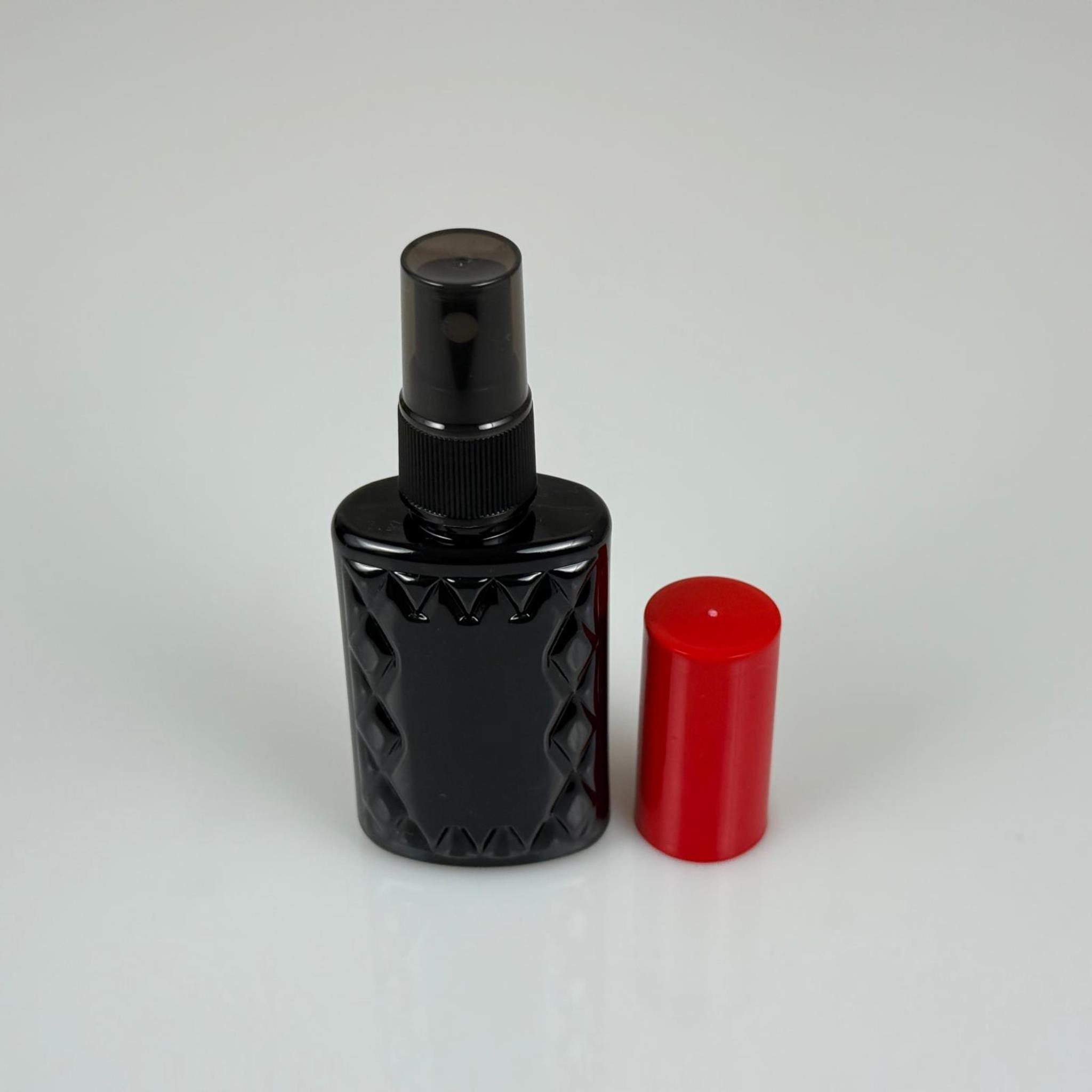 50 CC SİYAH PET KÖŞELİ PARFÜM ŞİŞESİ - SİYAH SPREYLİ - KIRMIZI KORUMA KAPAKLI - 50 ML PLASTİK PARFÜM - KOLONYA ŞİŞESİ
