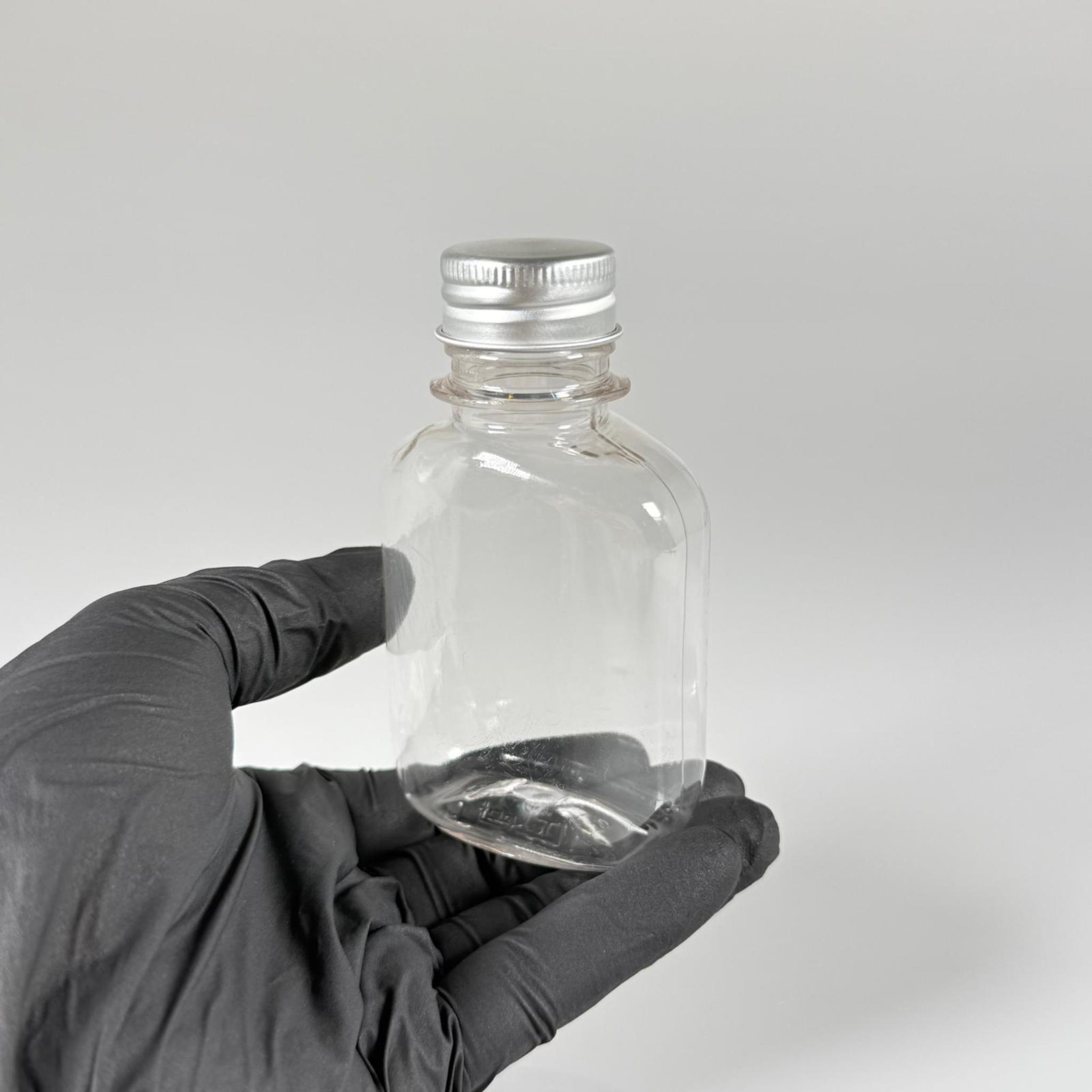 100 ML YASSI METAL KAPAKLI KOLONYA TIPALI PET ŞİŞE - 100 CC CONTALI GÜMÜŞ ALÜMİNYUM KAPAKLI PLASTİK ŞİŞE