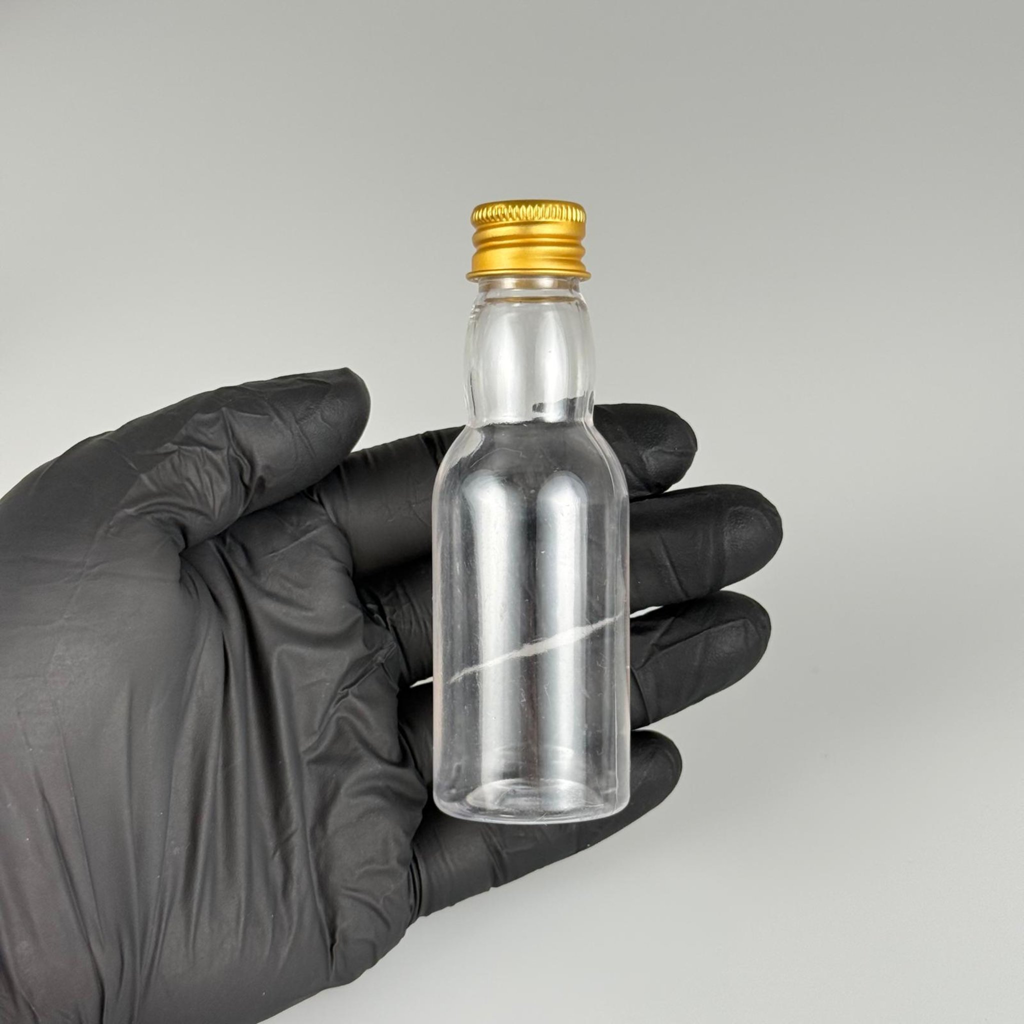 40 CC ŞEFFAF UZUN BOĞAZLI PET ŞİŞE + KÖPÜK CONTALI GOLD ALÜMİNYUM METAL KAPAKLI TAKIM - 40 ML BOĞAZLI PET ŞİŞE