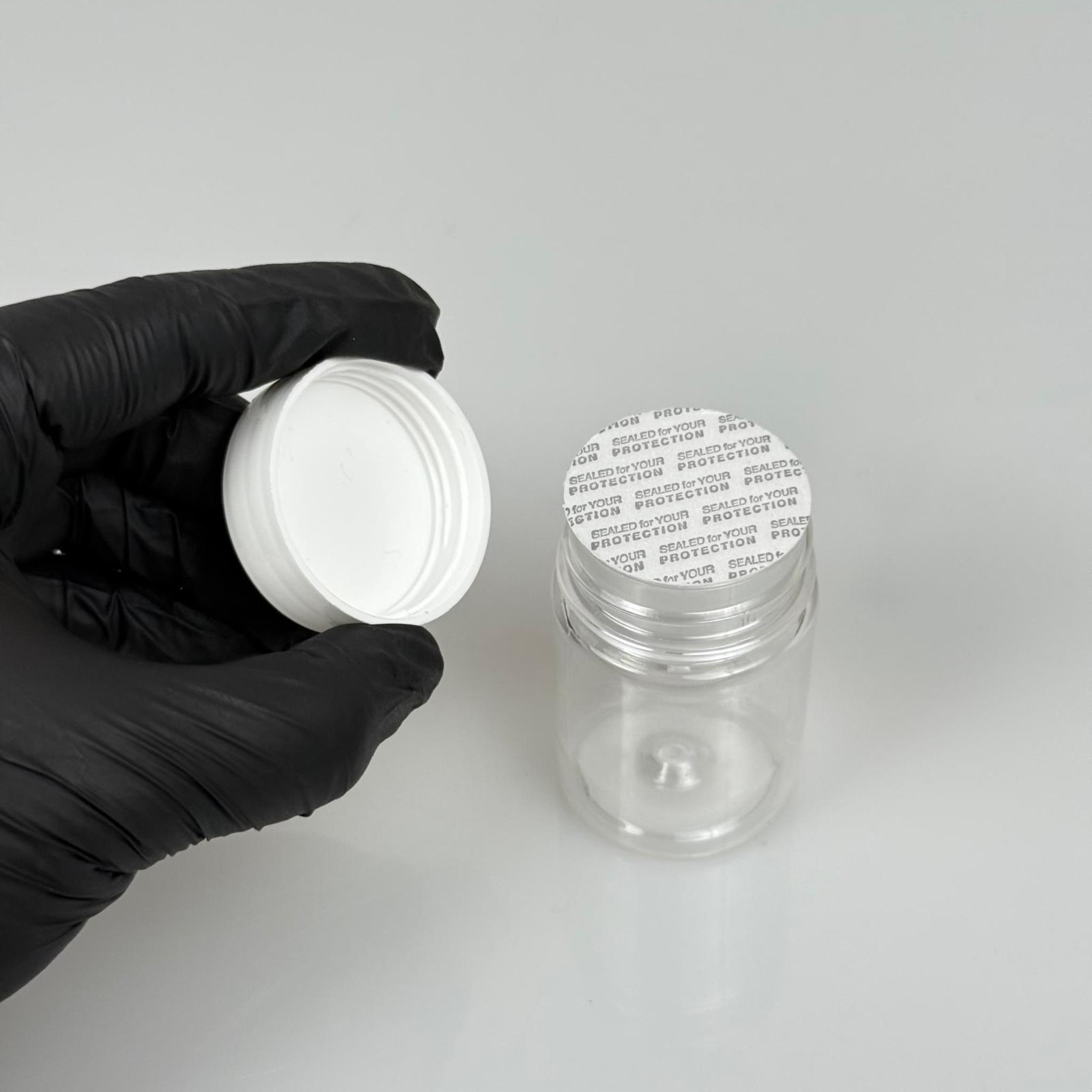 50 CC PET ŞİŞE GENİŞ AĞIZLI  - BEYAZ KAPAKLI + KENDİNDEN YAPIŞKANLI KÖPÜK CONTALI - 50 ML PLASTİK NUMUNE KAVANOZU, MİNİ TABLET KAVANOZU