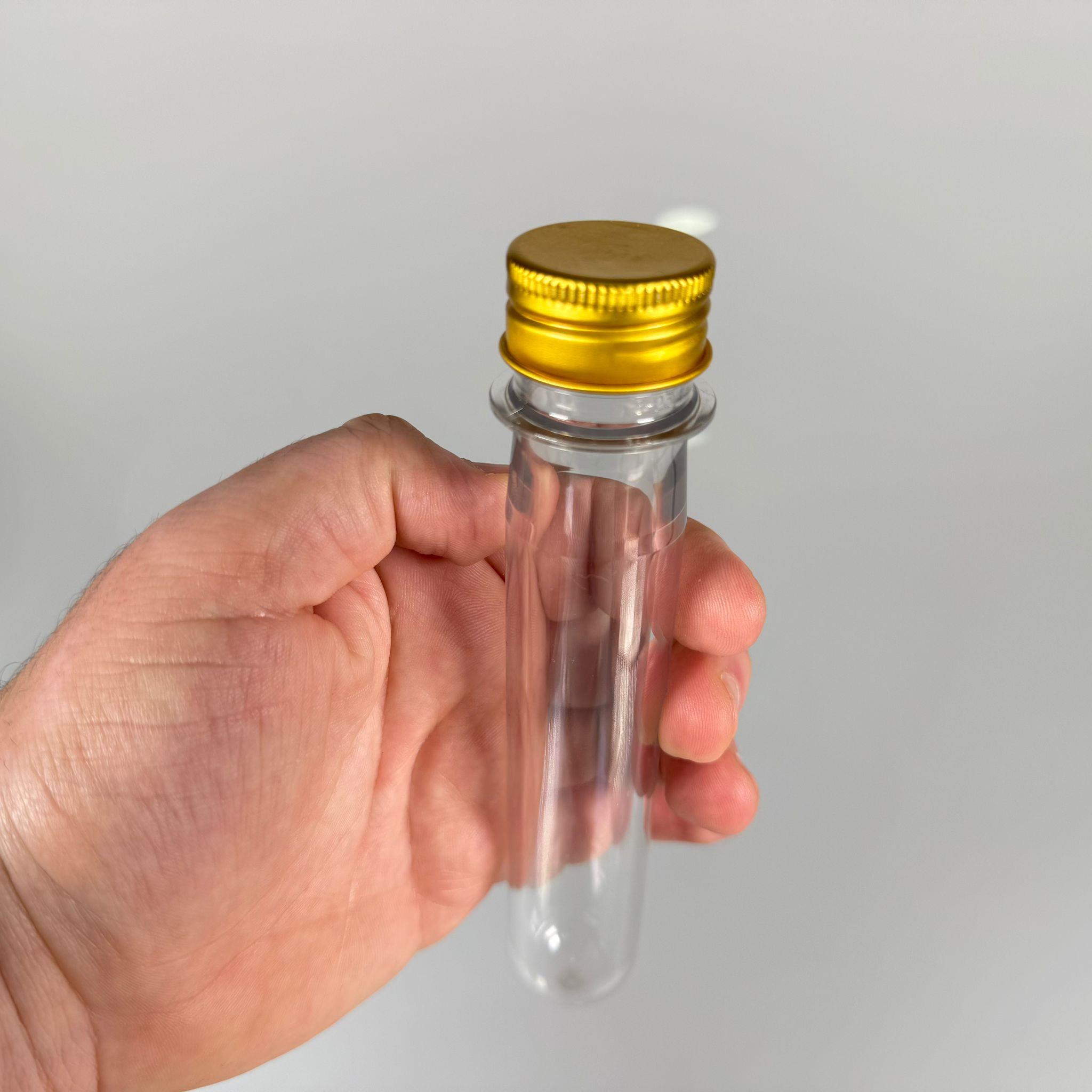 16 CM TÜP - 45 CC UZUN KALIN (51 GR) PET ŞİŞE  - CONTALI METAL GOLD ALÜMİNYUM KAPAKLI  - VANİLYA ÇUBUĞU, BAHARAT, DENEY TÜPÜ, AYAKKABI BAĞCIĞI VB İÇİN PLASTİK TÜP