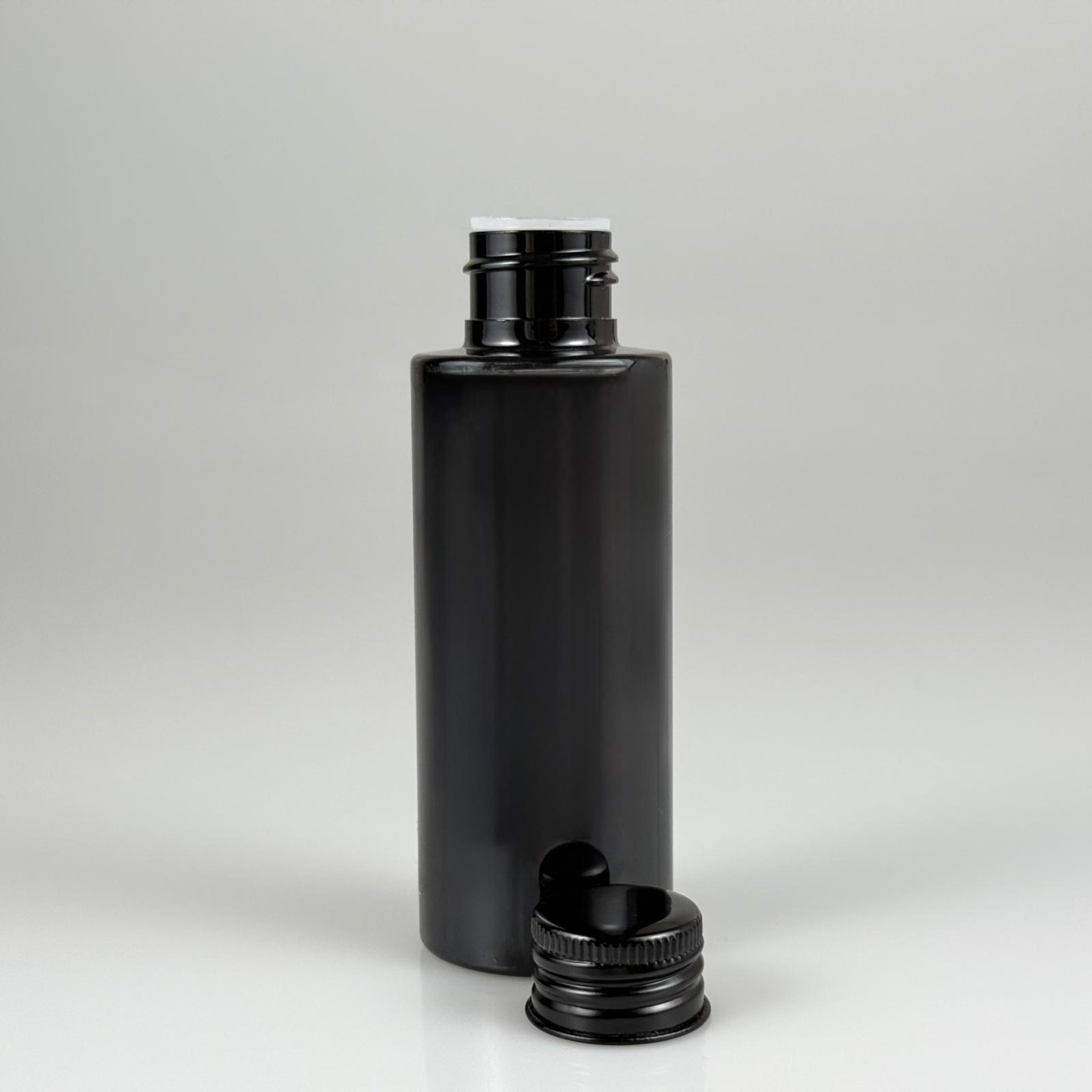 100 CC SİYAH SİLİNDİR KESKİN KÜT MODEL SERT PET ŞİŞE ( 17 GR - 24 AĞIZ ) + KÖPÜK CONTALI SİYAH METAL ALÜMİNYUM KAPAK + KOLONYA TIPALI TAKIM - 100 ML KAPAKLI SİYAH PLASTİK ŞİŞELER