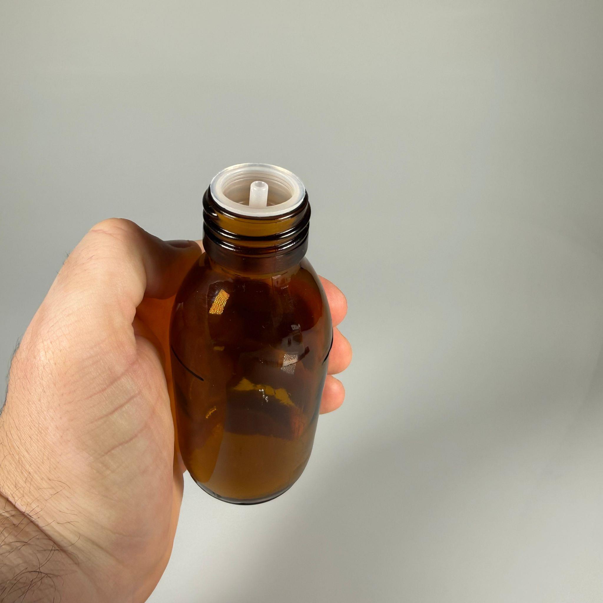 125 ML DOLUMU KOLAY, GENİŞ AĞIZLI İÇTEN DAMLALIKLI ŞİŞE (28 MM AĞIZ)  - 125 CC SİYAH CONTALI KAPAKLI İÇTEN DAMLALIKLI CAM ECZA ŞİŞESİ - AMBER KAHVERENGİ