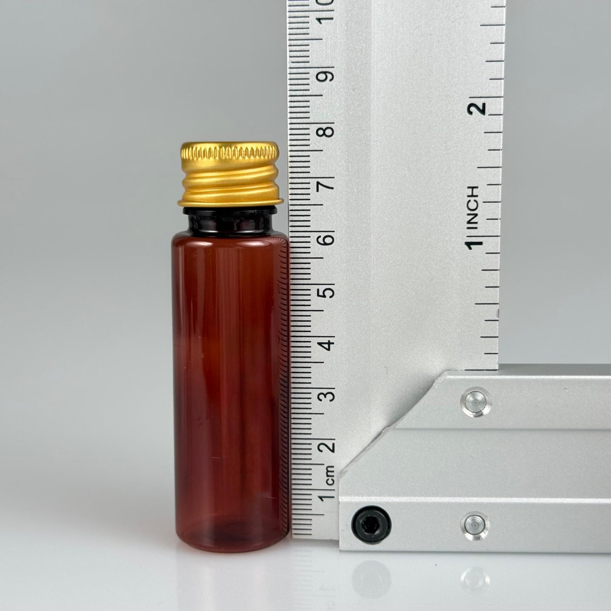 20 CC PET AMBER SHOT ŞİŞE - KÖPÜK CONTALI GOLD ALÜMİNYUM METAL KAPAKLI + KÖR TIPALI TAKIM - 20 ML KAHVERENGİ PLASTİK ŞİŞE