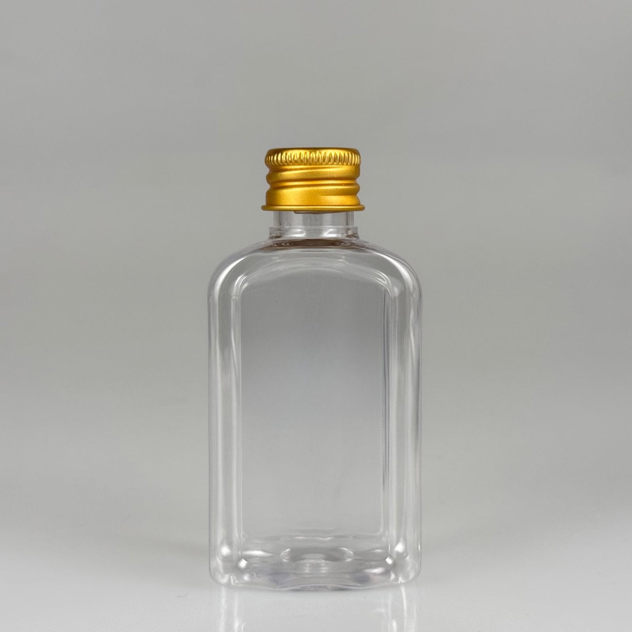 50 CC ŞEFFAF YASSI KÖŞELİ MODEL PET ŞİŞE + KÖPÜK CONTALI GOLD ALÜMİNYUM METAL KAPAKLI TAKIM - 50 ML PLASTİK ŞİŞE
