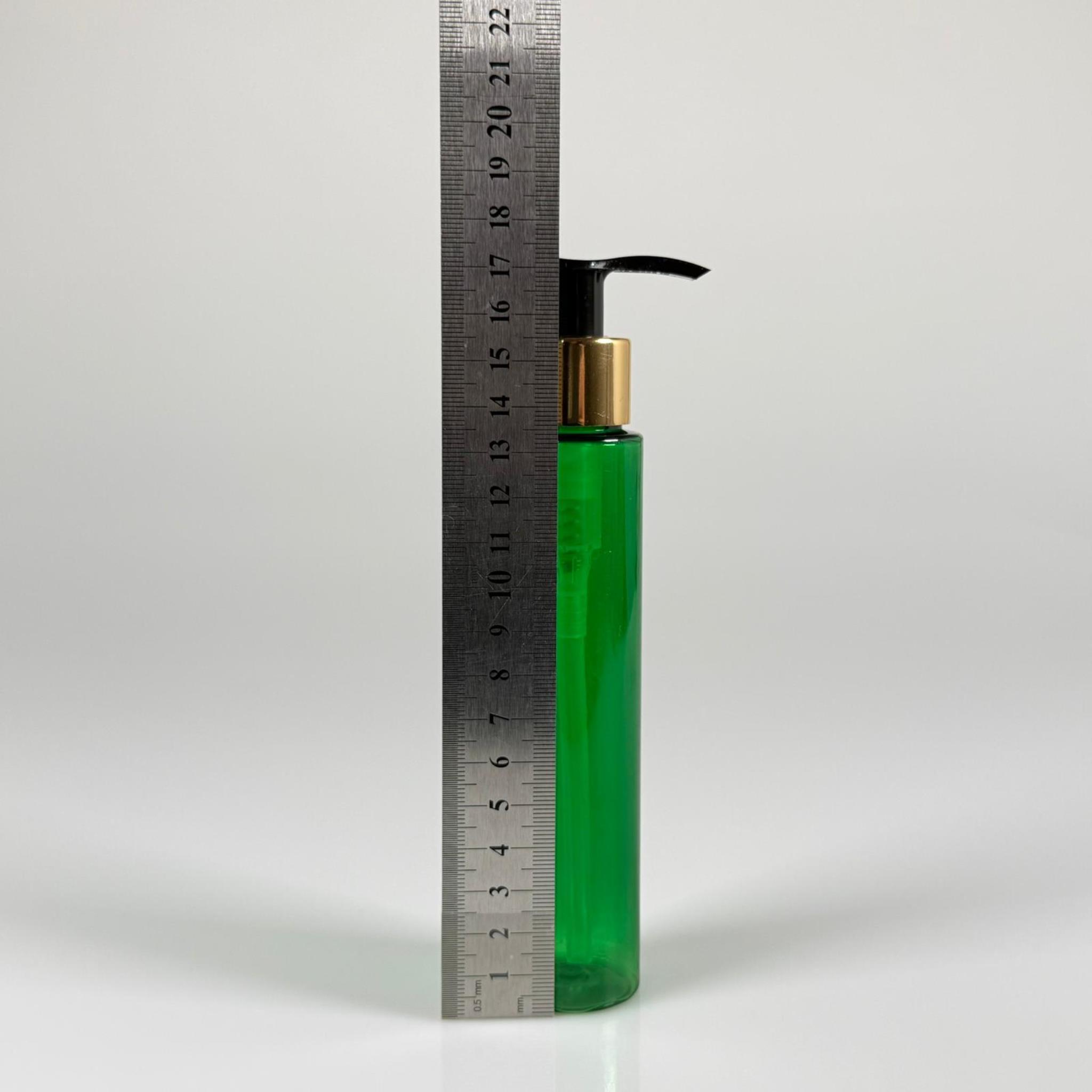100 CC UZUN SİLİNDİR YEŞİL PET ŞİŞE (24 GR)  - GOLD SABUN POMPALI - 100 ML BİBERİYE SUYU, LAVANTA YAĞI, SAÇ SERUM, TONİK VB İÇİN PLASTİK KOZMETİK AMBALAJLARI