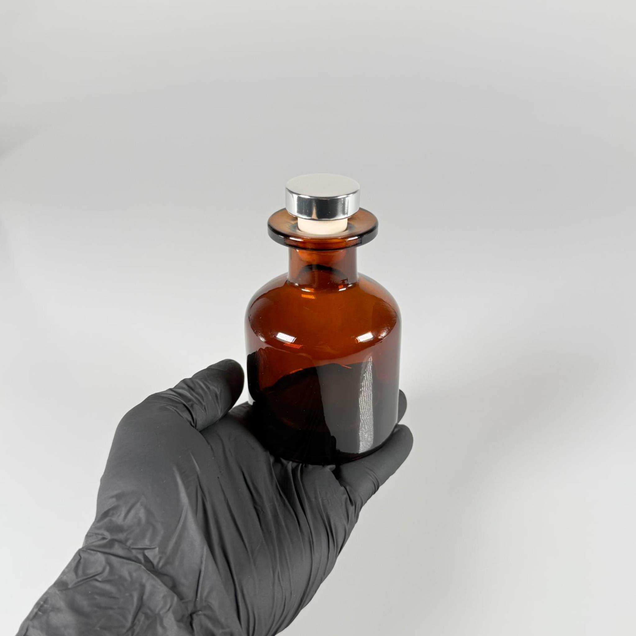 150 CC AMBER SİLİNDİR BAMBU CAM ESANS ŞİŞESİ - 150 ML KOKU, ESANS, PARFÜMERİ ŞİŞESİ - GÜMÜŞ MANTAR TIPALI TAKIM