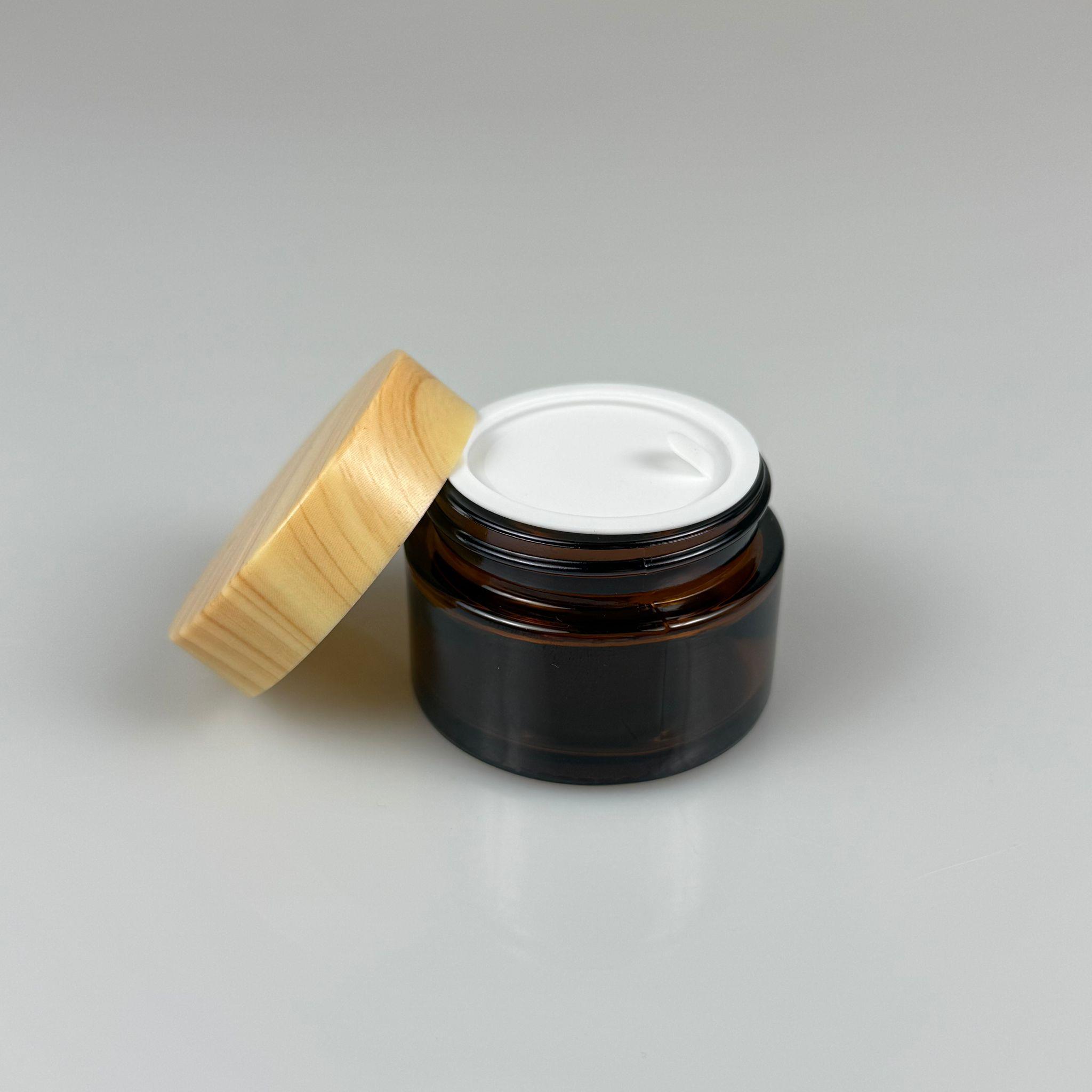 30 CC CAM AMBER KREM KAVANOZU - AHŞAP DESENLİ PLASTİK KAPAKLI İÇ CONTALI - 30 ML KAHVERENGİ CAM KAVANOZ  - KOZMETİK KAVANOZ