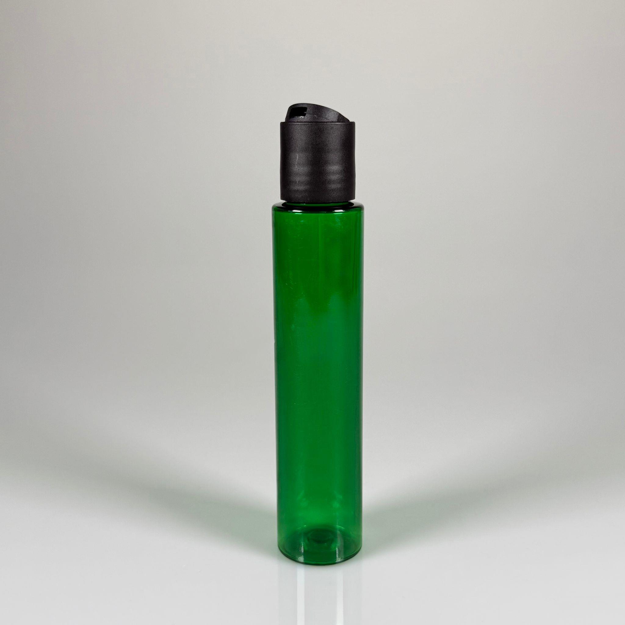 100 CC UZUN SİLİNDİR YEŞİL PET ŞİŞE (24 GR)  - SİYAH DİSKTOP AKITICI ŞAMPUAN KAPAKLI - 100 ML BİBERİYE SUYU, LAVANTA YAĞI, SAÇ SERUM, TONİK VB İÇİN PLASTİK KOZMETİK AMBALAJLARI