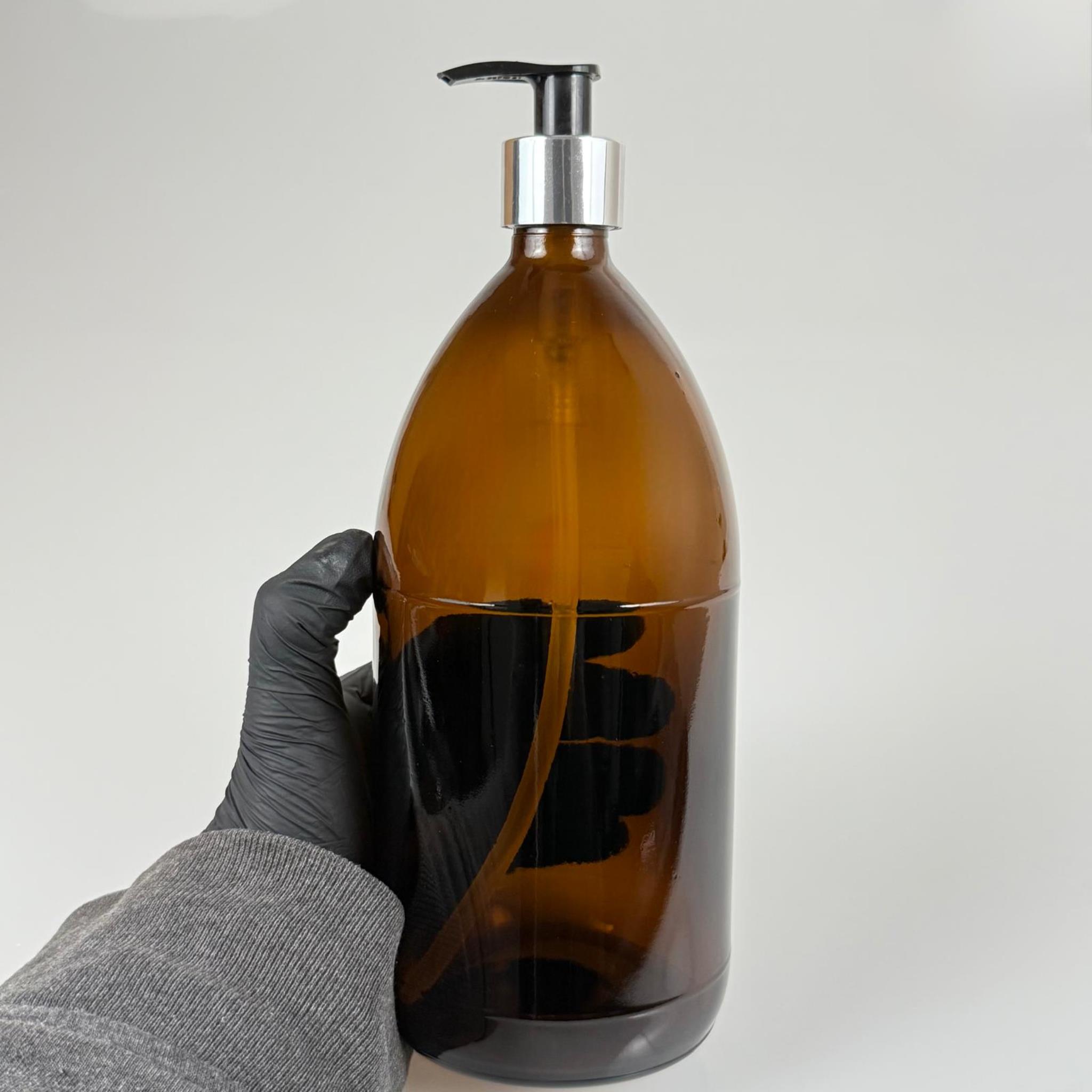 1000 CC AMBER TOMBUL ÖZEL SERİ CAM ŞİŞE - GÜMÜŞ METAL KAPLAMALI POMPALI - 1000 ML CAM ECZA ŞİŞESİ - KAHVERENGİ