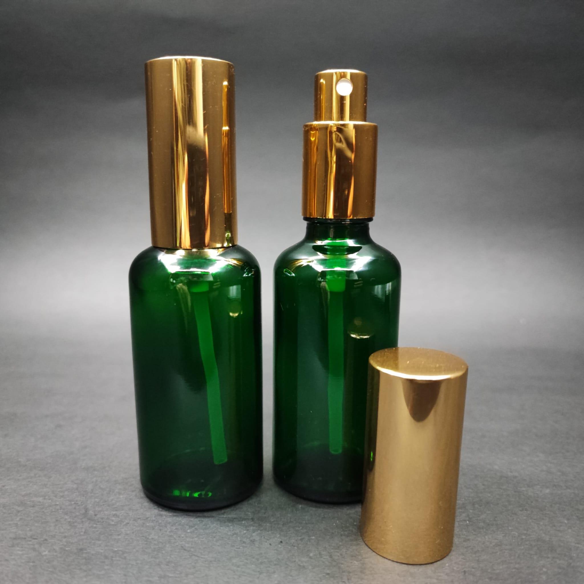50 ML LÜKS VİDALI VALF ÇEVİRME PARFÜM ŞİŞELERİ - 50 CC YEŞİL CAM ŞİŞE - GOLD METAL SPREYLİ KAPAKLI SET