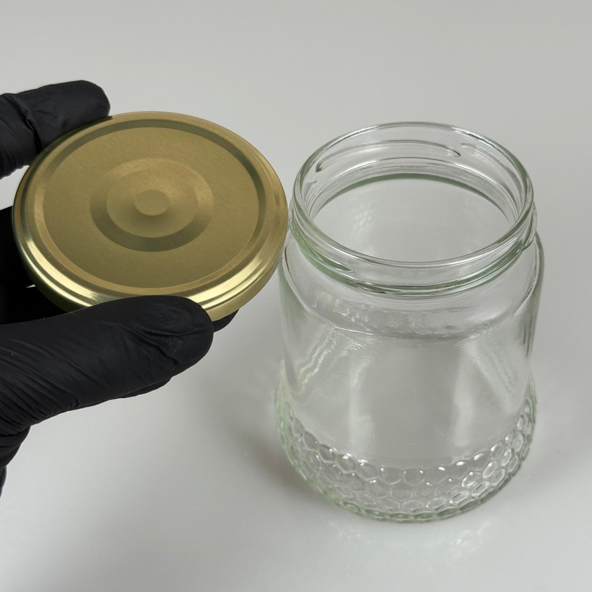 370 CC ÖZEL PETEK ŞEKLİNDE CAM BAL KAVANOZU + GOLD METAL KAPAK