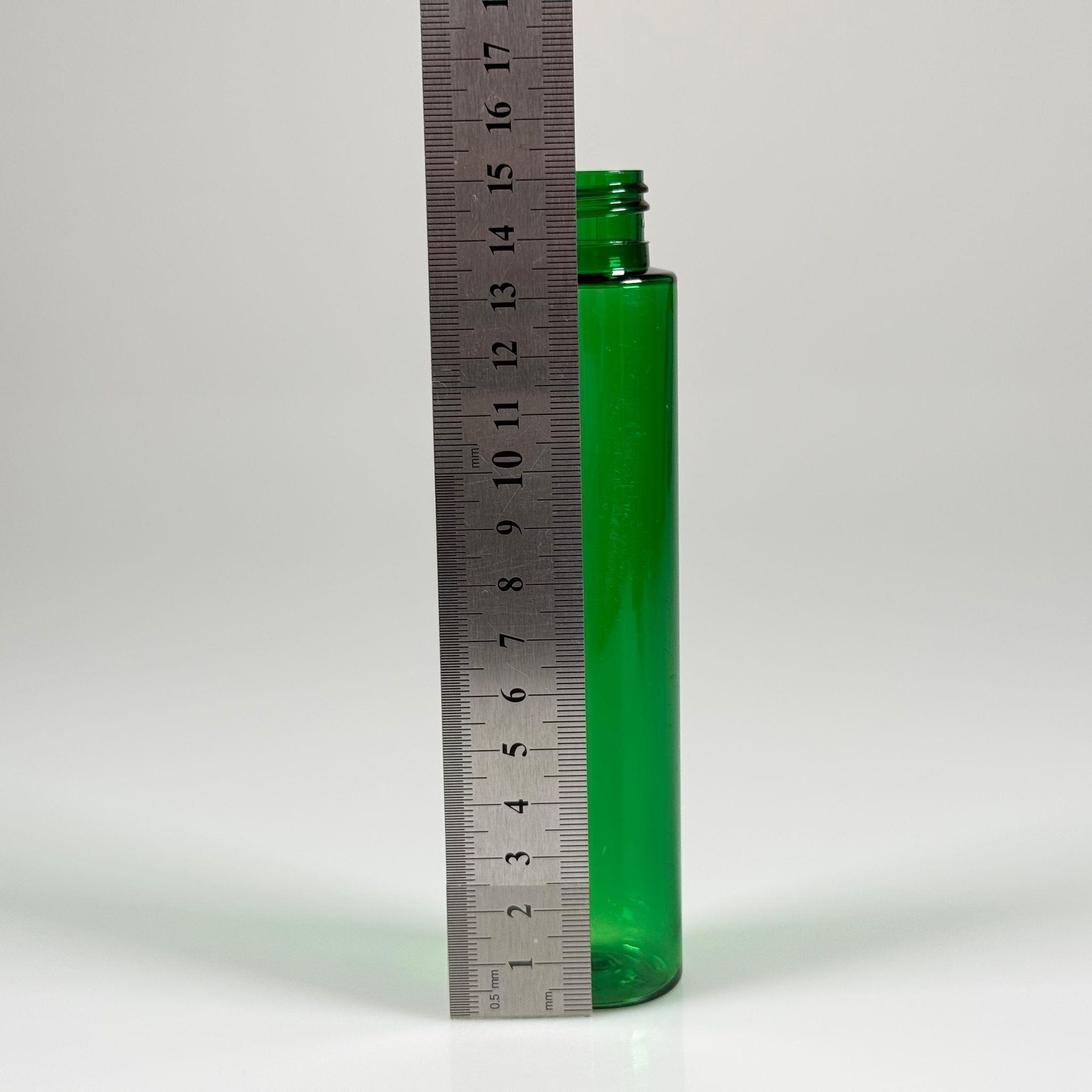 100 CC UZUN SİLİNDİR YEŞİL PET ŞİŞE (24 GR) - 24 MM AĞIZ KAPAKSIZ - 100 ML BİBERİYE SUYU, LAVANTA YAĞI, SAÇ SERUM, TONİK VB İÇİN PLASTİK KOZMETİK AMBALAJLARI