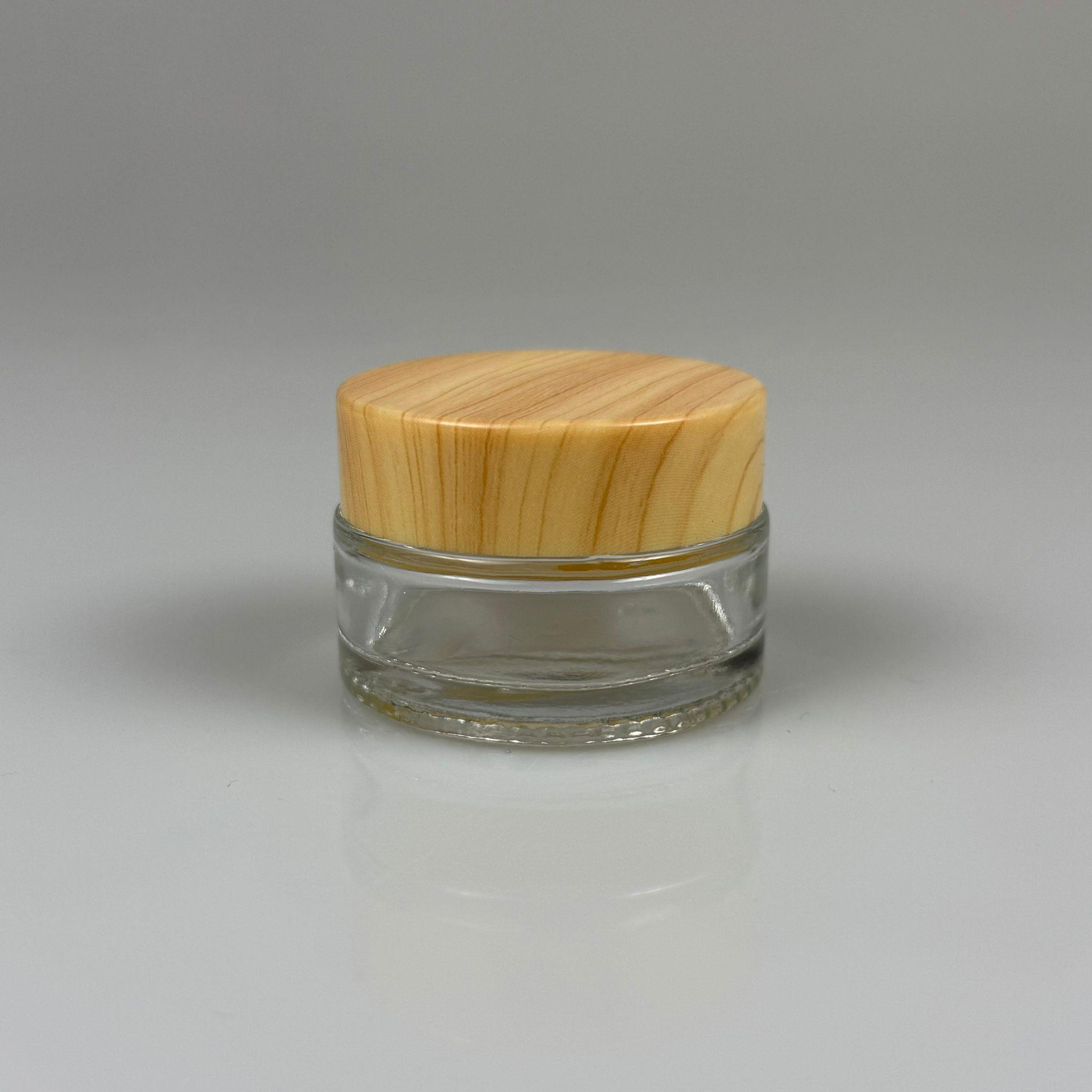 20 CC CAM ŞEFFAF KREM KAVANOZU - AHŞAP DESENLİ PLASTİK KAPAKLI İÇ CONTALI - 20 ML ŞEFFAF CAM KAVANOZ  - KOZMETİK KAVANOZ