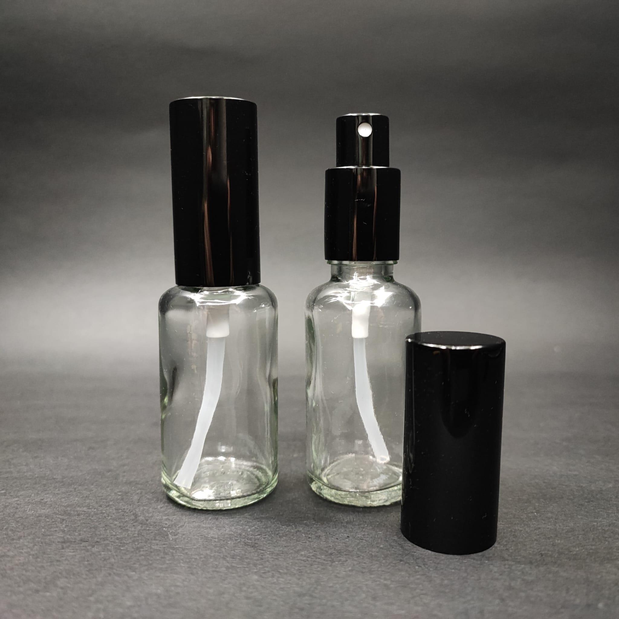 30 ML LÜKS VİDALI VALF ÇEVİRME PARFÜM ŞİŞELERİ - 30 CC ŞEFFAF CAM ŞİŞE - SİYAH METAL SPREYLİ KAPAKLI SET