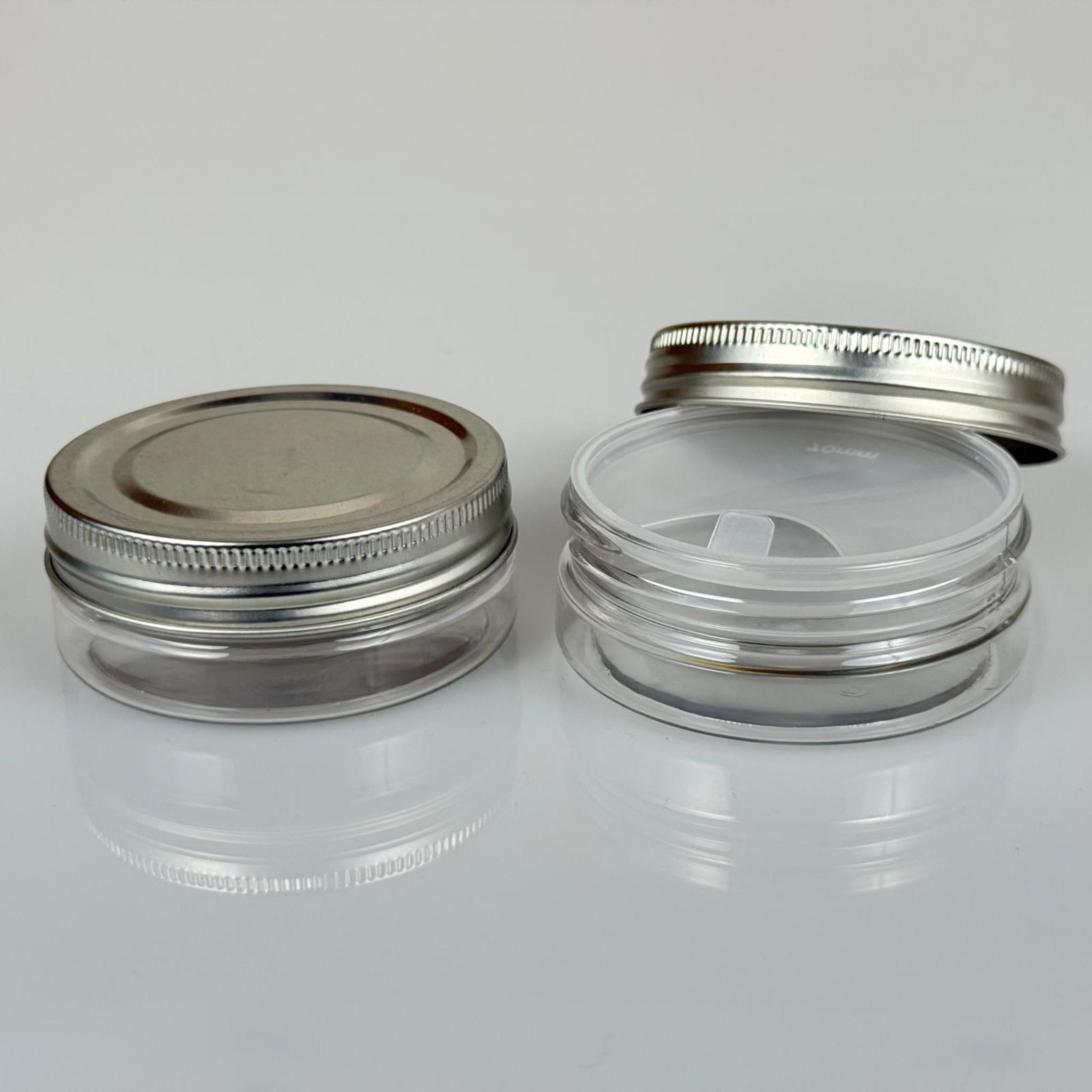 50 ML SERT PET KAVANOZ + GÜMÜŞ METAL KAPAK + İÇ TIPA - 50 CC KALIN ŞEFFAF PLASTİK KAVANOZ GÜMÜŞ METAL KAPAKLI İÇ TIPALI TAKIM - KREM KAVANOZLARI