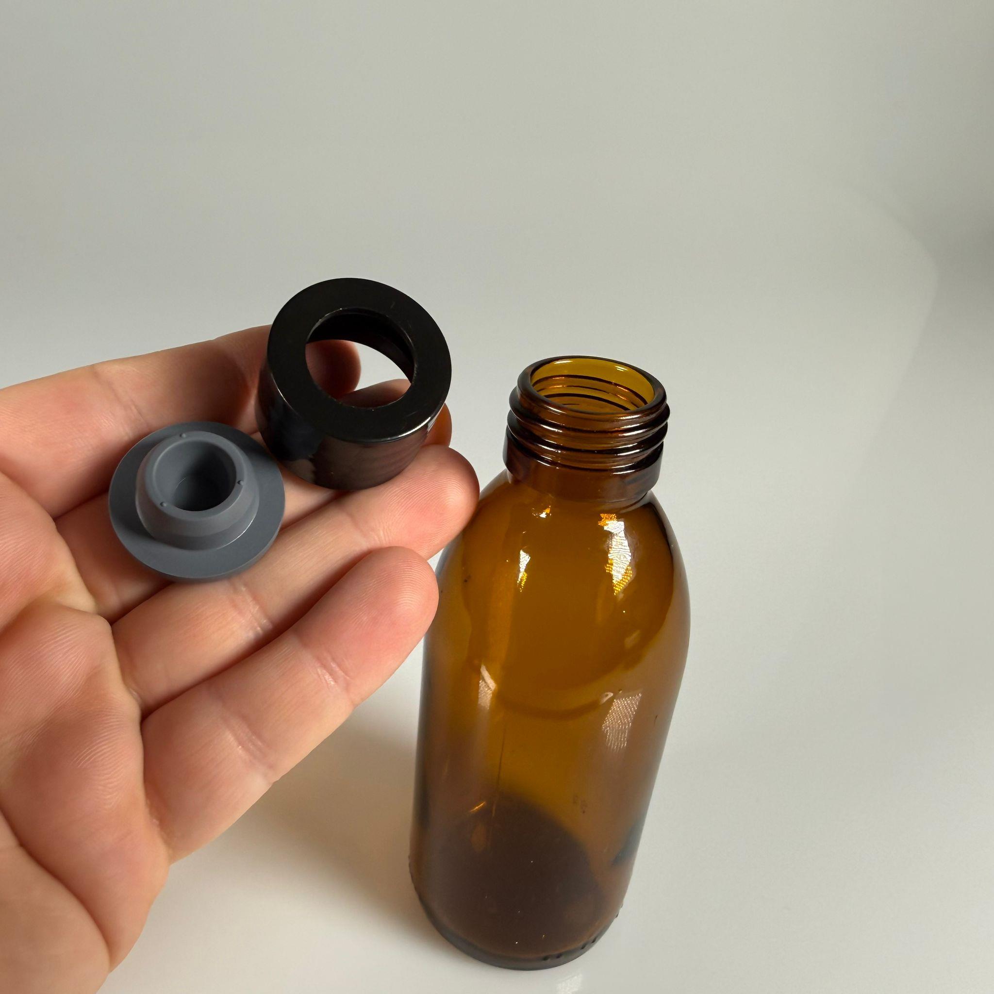 FLAKON ENJEKTÖR SERUM ŞİŞESİ - 160 ML ECZA CAM ŞİŞE + VİDALI DELİKLİ KAPAK (ELLE ÇEVİREREK KAPANIR) + KAUÇUK BUTİL TIPA TAKIM