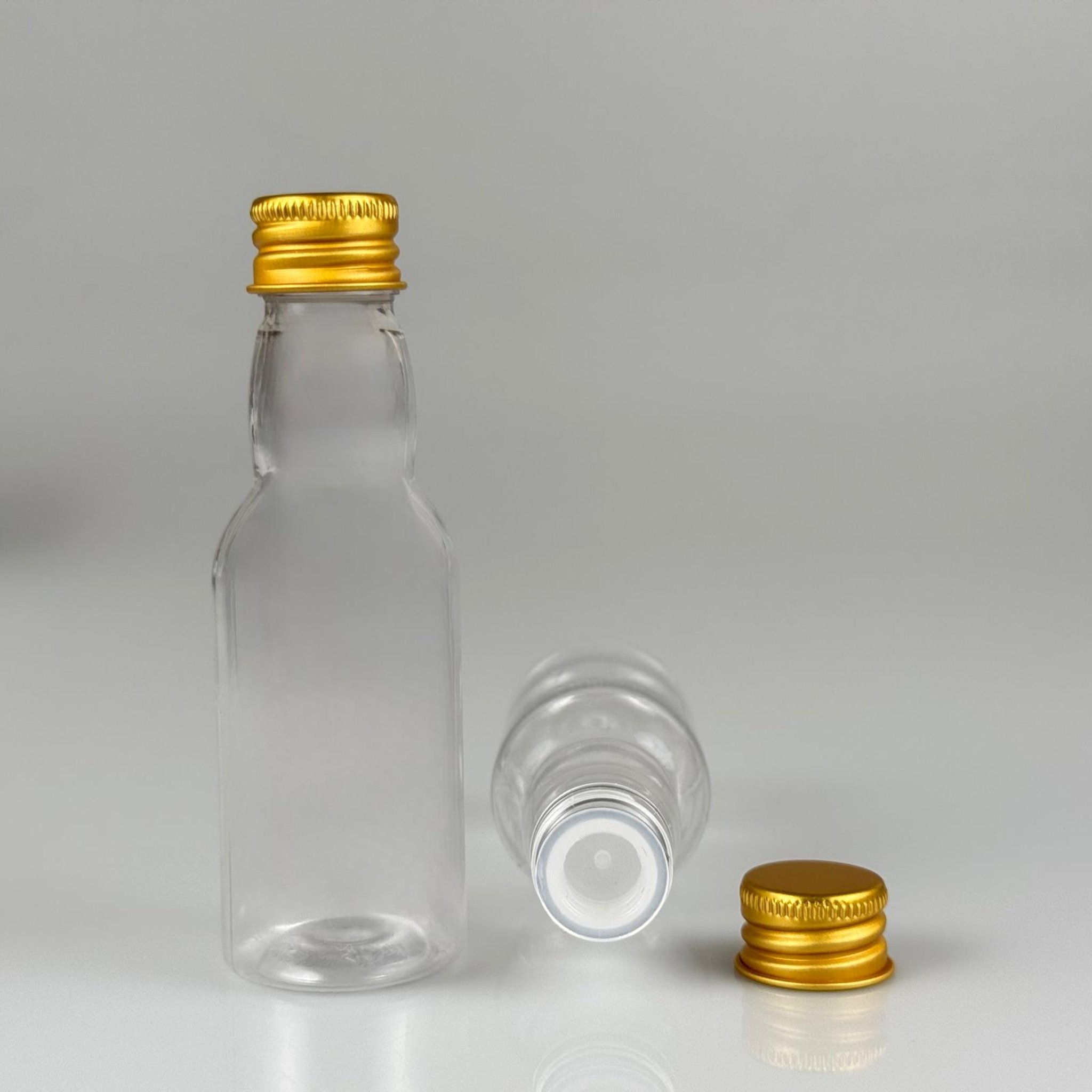 40 CC ŞEFFAF UZUN BOĞAZLI PET ŞİŞE + KÖPÜK CONTALI GOLD ALÜMİNYUM METAL KAPAKLI + KÖR TIPALI TAKIM - 40 ML BOĞAZLI PET ŞİŞE