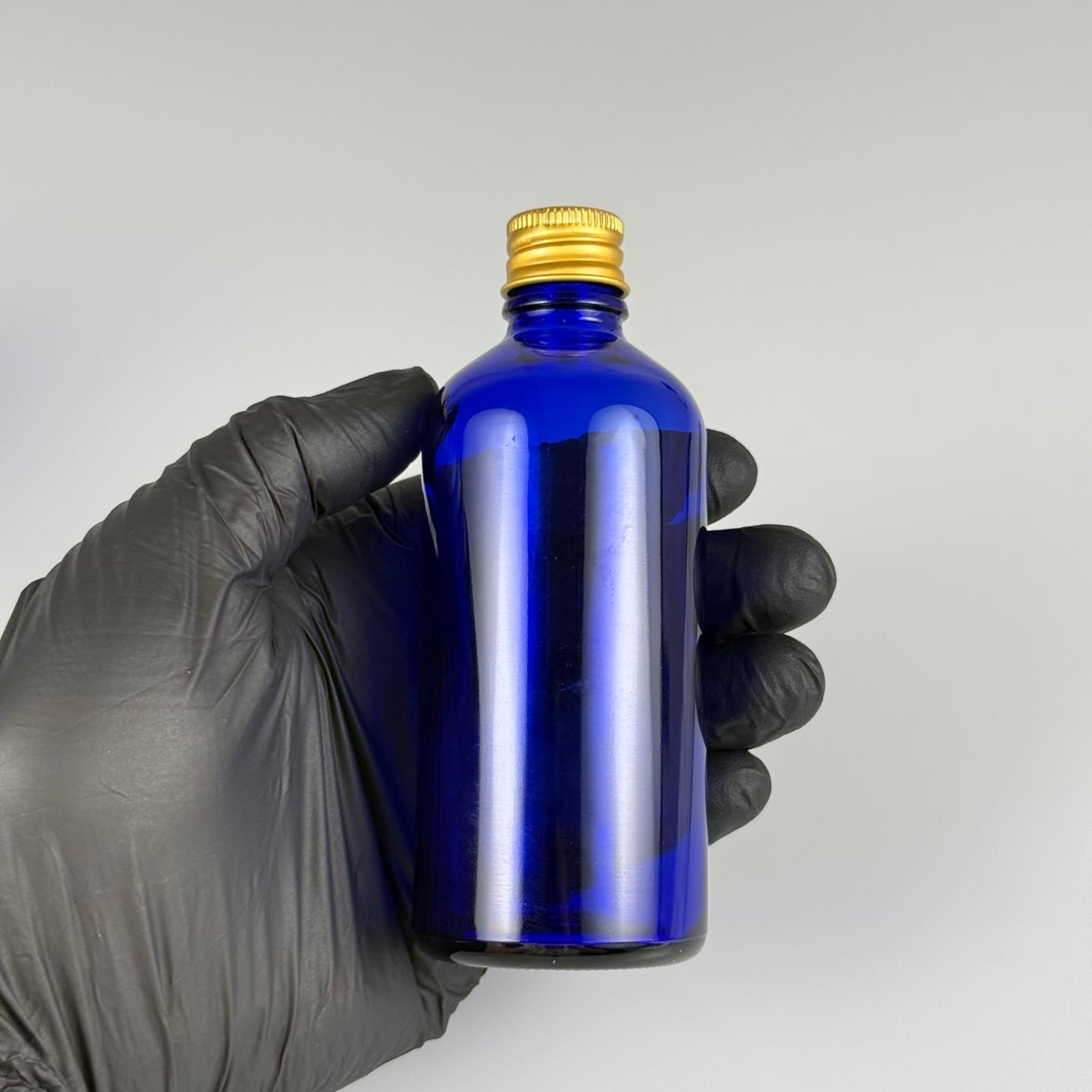 100 CC MAVİ CAM ŞİŞE + KÖPÜK CONTALI GOLD ALÜMİNYUM METAL + DAMLALIKLI KOLONYA TIPALI KAPAKLI TAKIM - 100 ML MAVİ CAM ŞİŞE