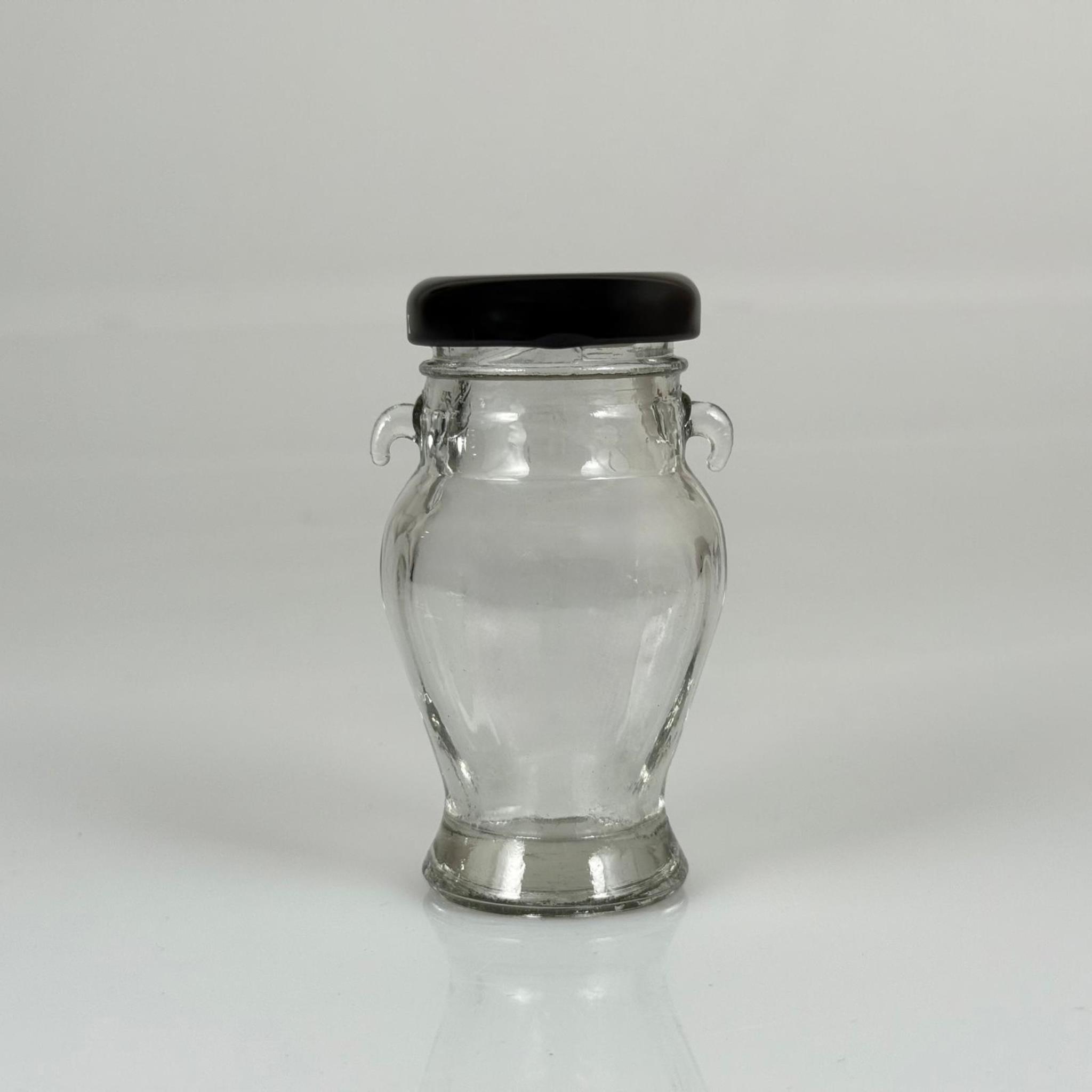 60 CC AMPHORA CAM KAVANOZ - SİYAH METAL KAPAKLI - 60 ML CAM KAVANOZ - TEK KULPLU, KULPSUZ VEYA ÇİFT KULPLU GELEBİLİR