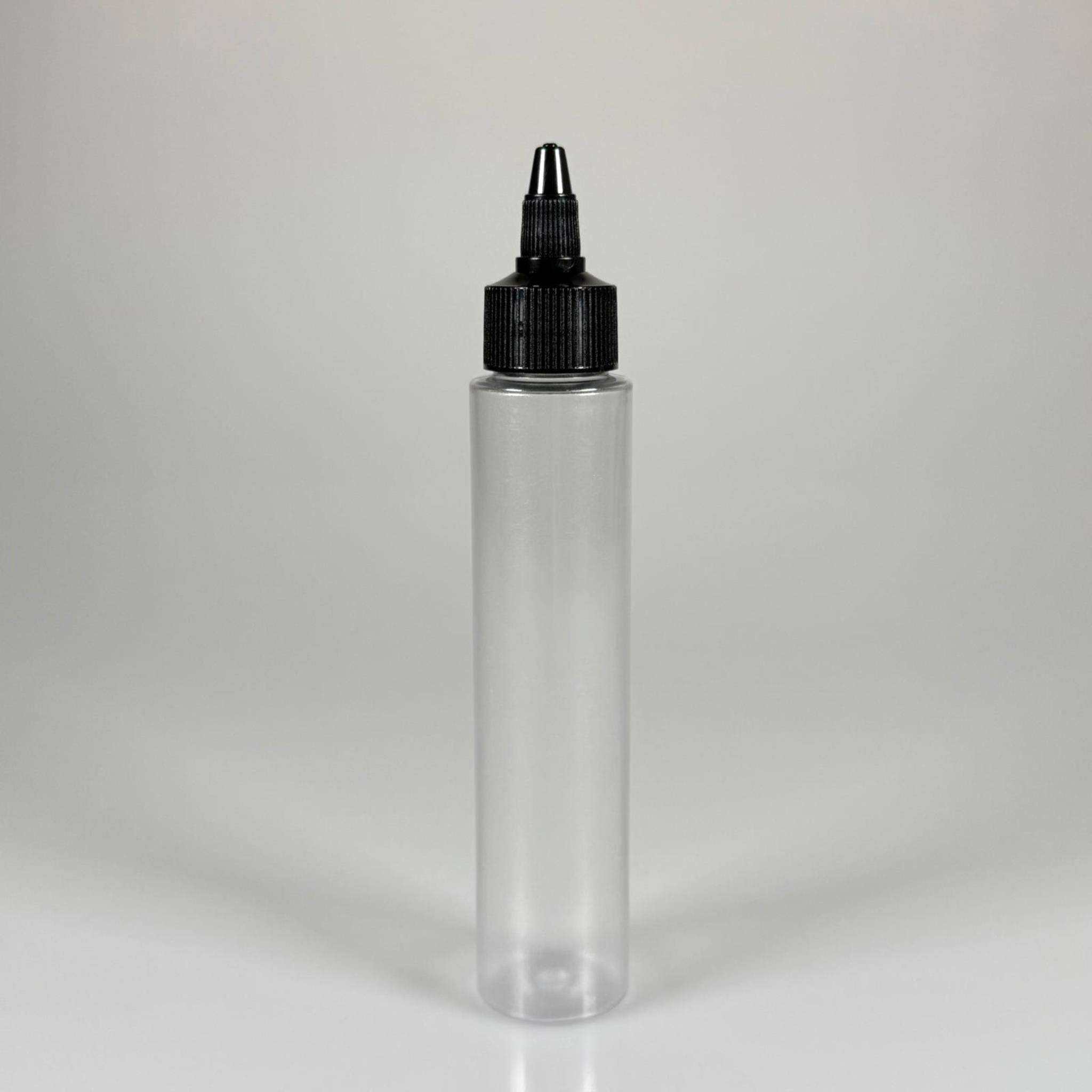 100 CC UZUN SİLİNDİR BUĞULU PET ŞİŞE (24 GR)  - SİYAH TWİST SİVRİ ASANSÖR AKITICI KAPAKLI - 100 ML BİBERİYE SUYU, LAVANTA YAĞI, SAÇ SERUM, TONİK VB İÇİN PLASTİK KOZMETİK AMBALAJLARI