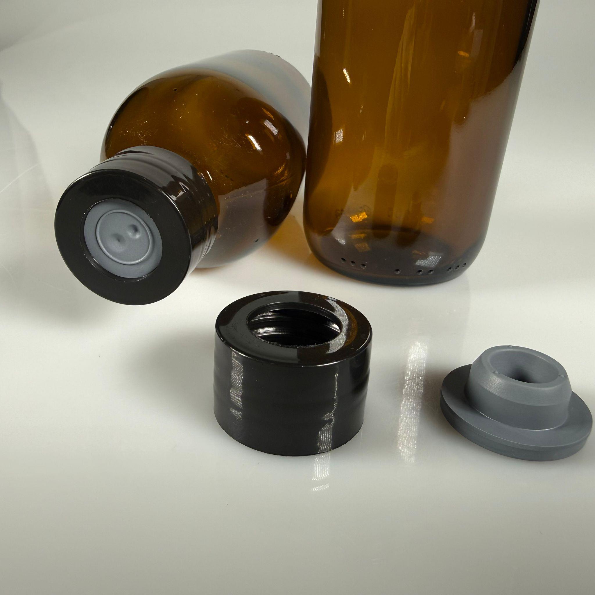 FLAKON ENJEKTÖR SERUM ŞİŞESİ - 200 ML ECZA CAM ŞİŞE + VİDALI DELİKLİ KAPAK (ELLE ÇEVİREREK KAPANIR) + KAUÇUK BUTİL TIPA TAKIM