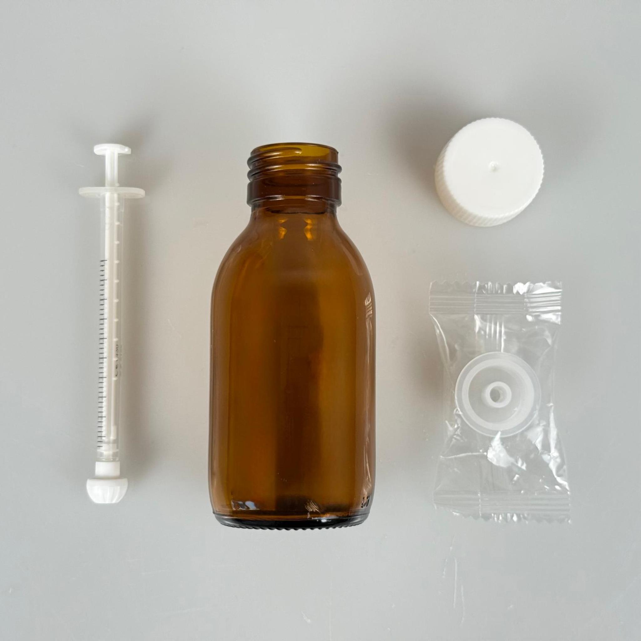 100 ML CAM ECZA ŞİŞESİ + 1 ML DOZAJ PİPETİ + DOZAJ TIPASI + CONTALI PLASTİK KAPAK TAKIM