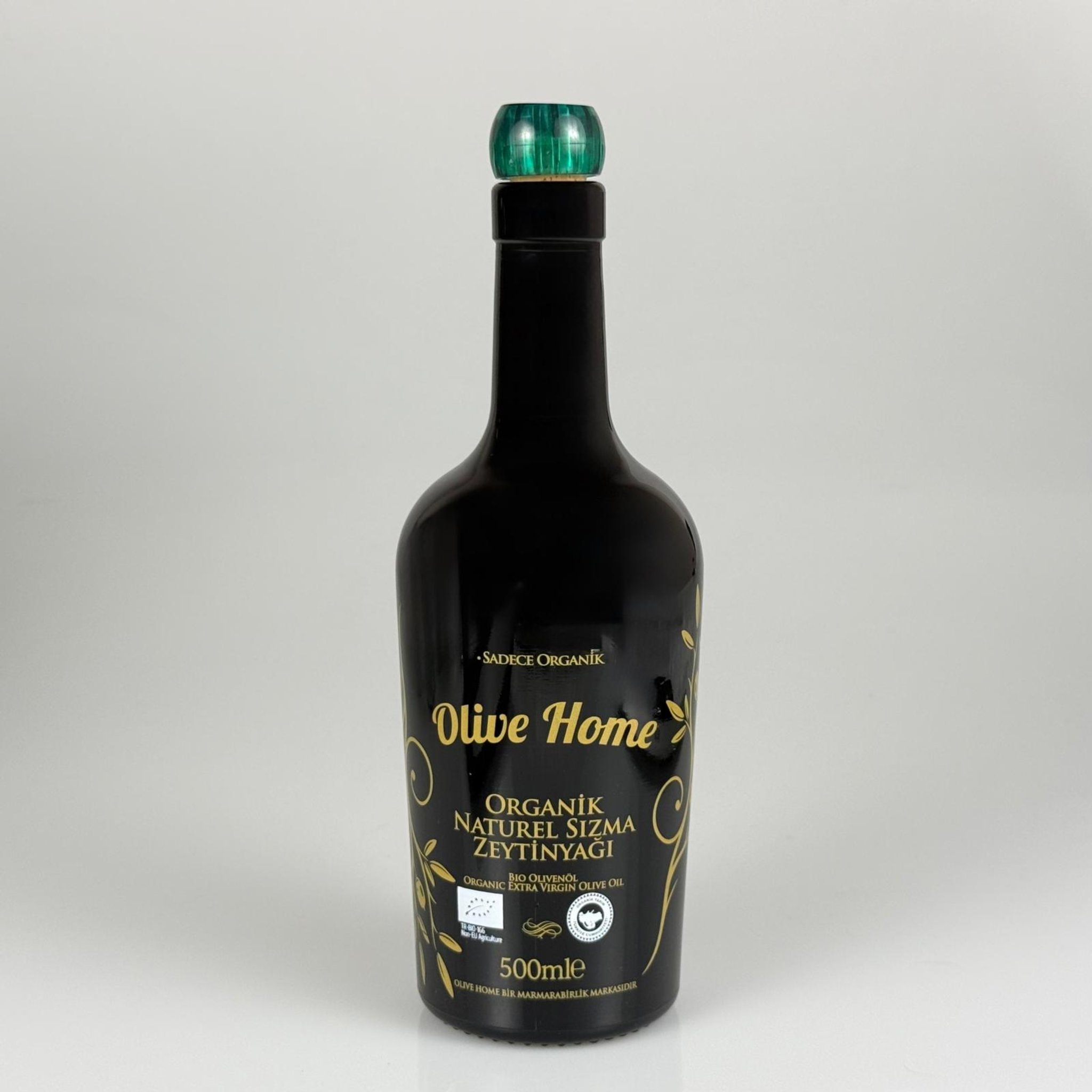 500 CC SİYAH OLİVE YAZI CAM ZEYTİNYAĞ ŞİŞESİ - YEŞİL MANTAR TIPALI - 500 ML YAĞDANLIK BASKILI CAM ŞİŞE