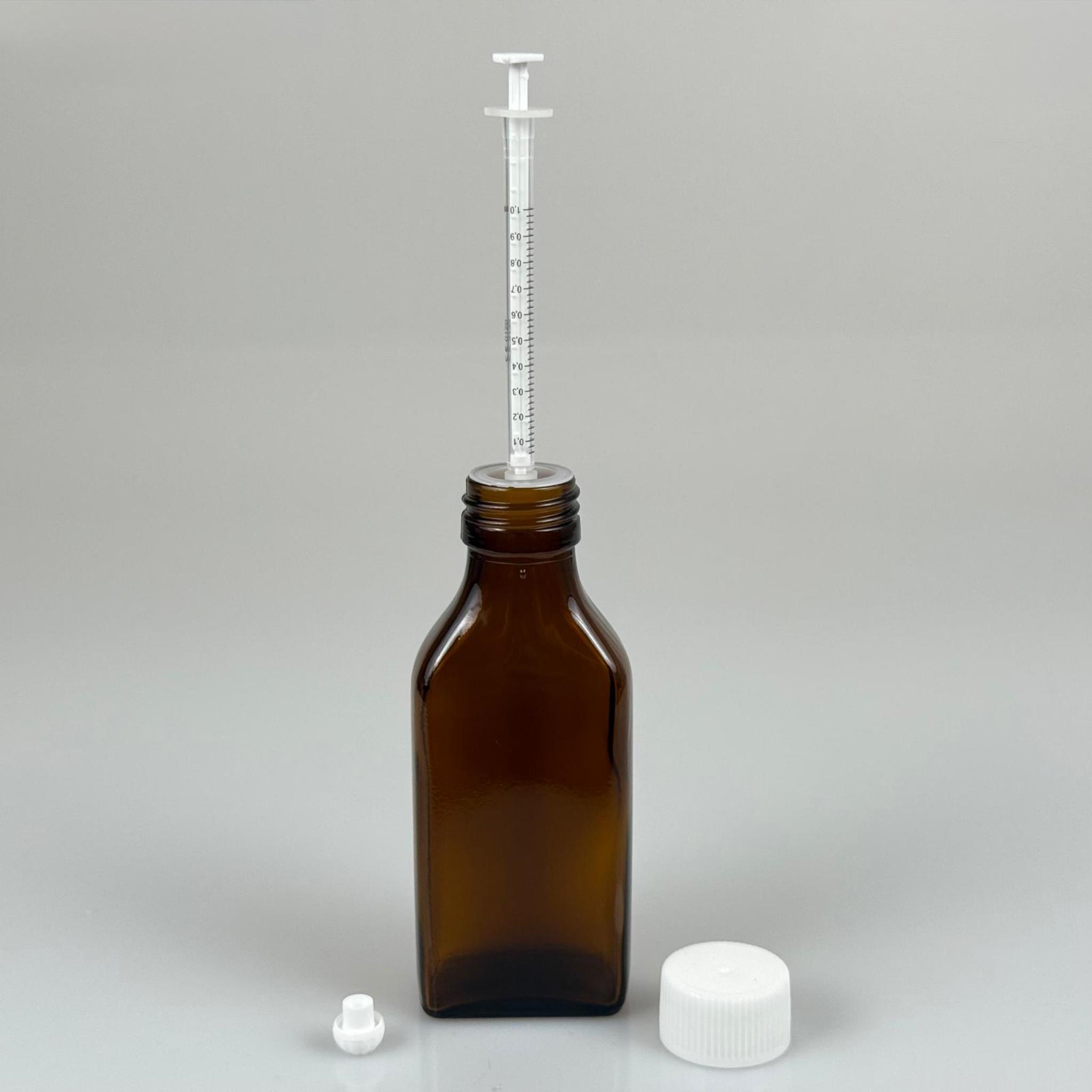 100 ML YASSI CAM ECZA ŞİŞESİ + 1 ML DOZAJ PİPETİ + DOZAJ TIPASI + CONTALI PLASTİK KAPAK TAKIM