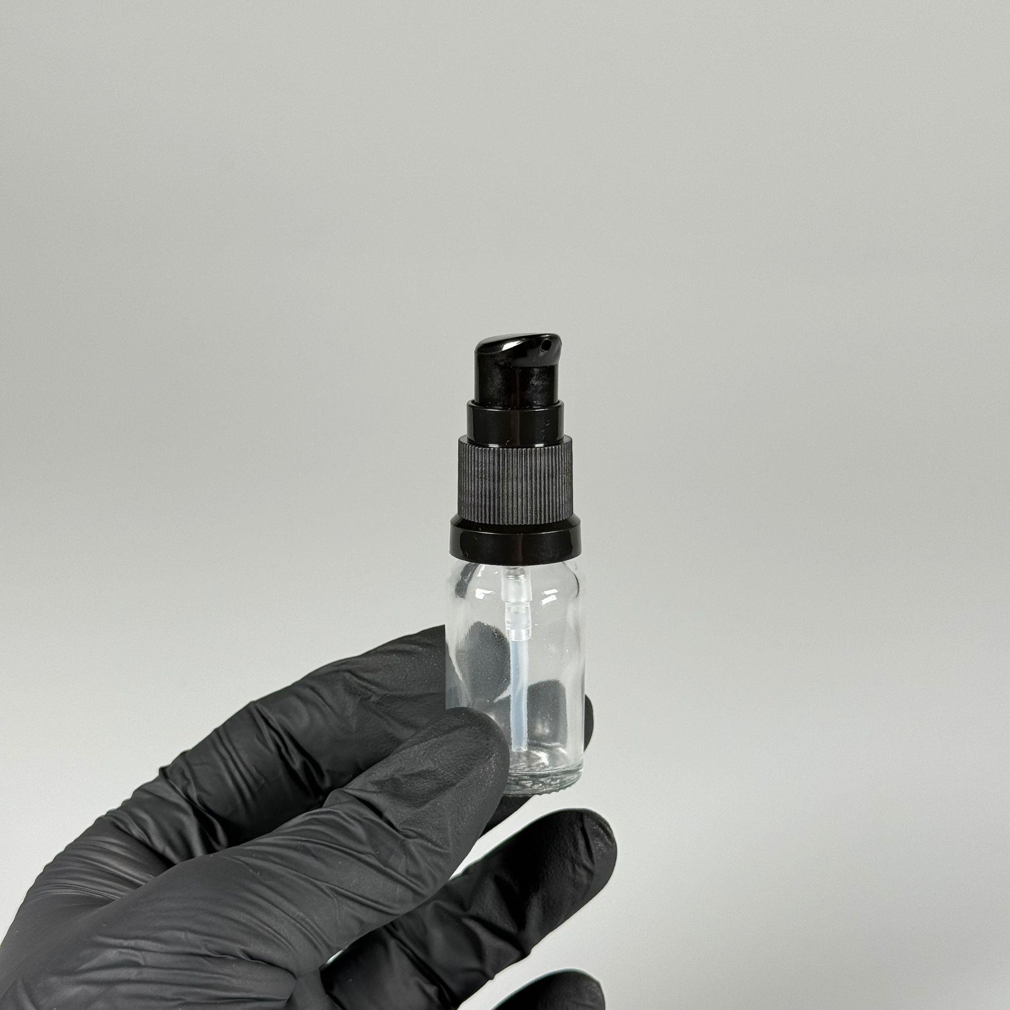 10 CC ŞEFFAF CAM ŞİŞE - SIZDIRMAZ ETEKLİ SİYAH LOSYON POMPALI TAKIM - 10 ML LOSYON ŞİŞESİ - YAĞ, KREM GİBİ YOĞUN KIVAMLI SIVILAR İÇİN CAM AMBALAJ