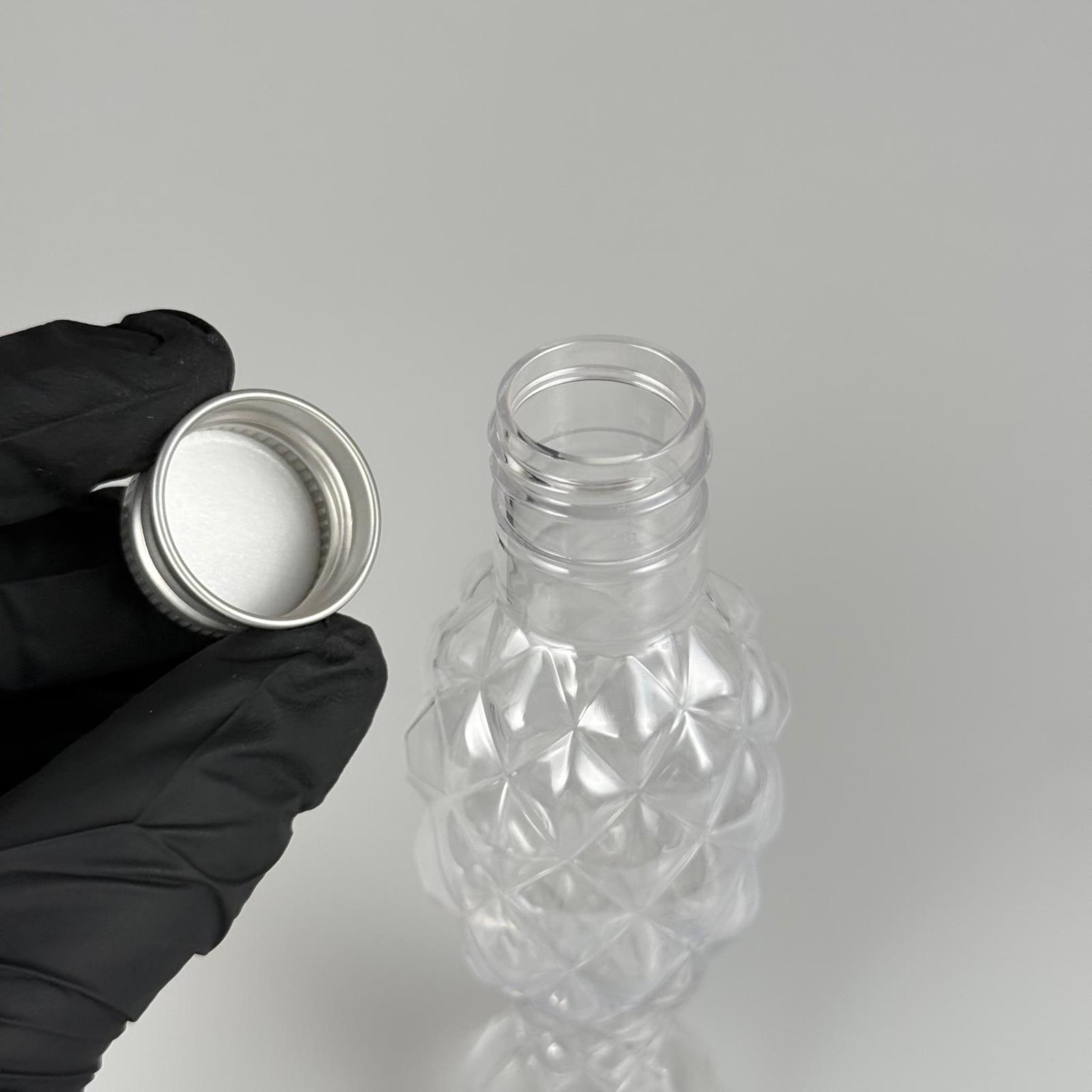 100 CC CAMPET BALIKSIRTI PET ŞİŞE (24 AĞIZ) + KÖPÜK CONTALI GÜMÜŞ METAL ALÜMİNYUM KAPAK TAKIM - 100 ML KAPAKLI CAMPET PALSTİK ŞİŞELER
