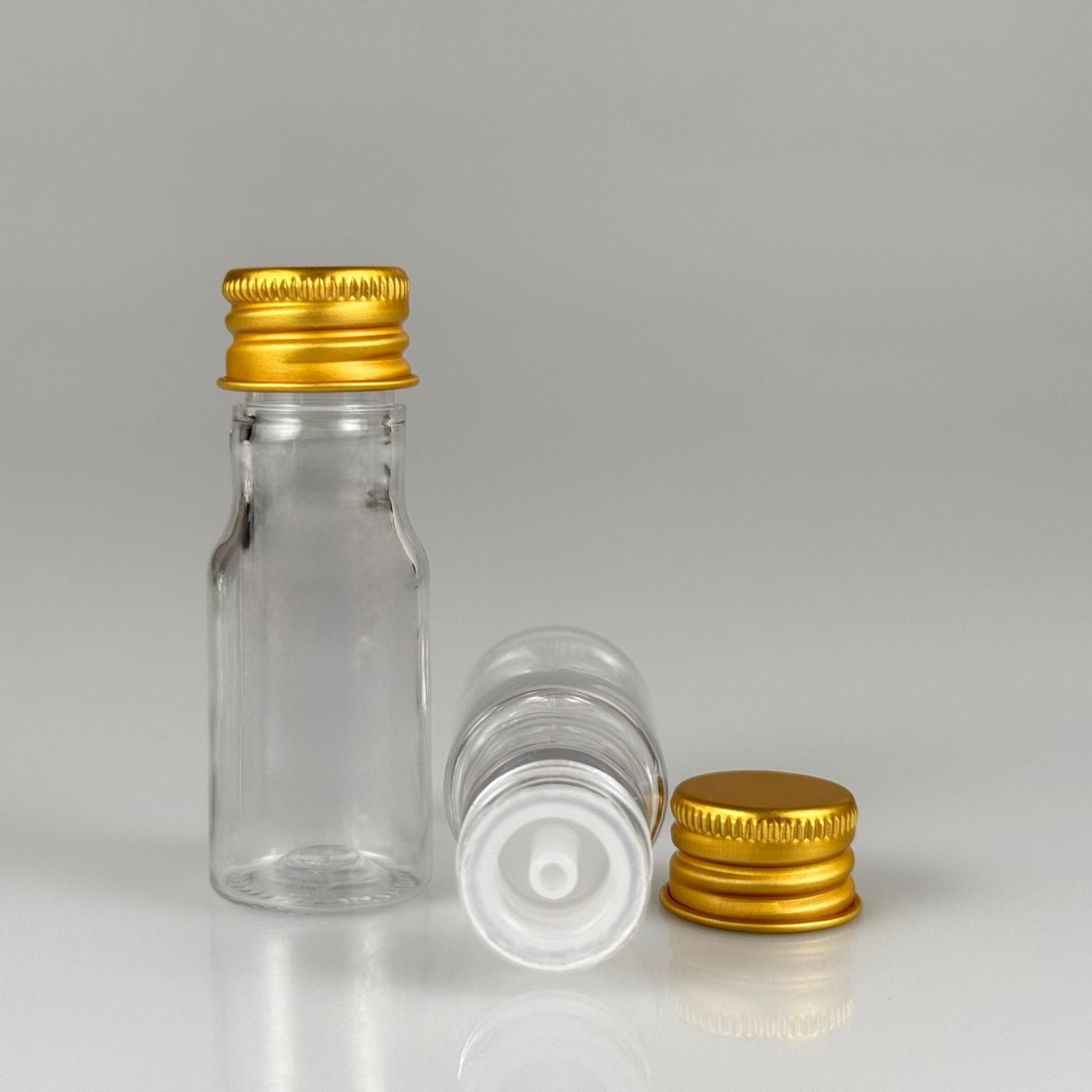 10 CC ŞEFFAF PET ŞİŞE + KÖPÜK CONTALI GOLD ALÜMİNYUM METAL KAPAKLI + DAMLALIKLI KOLONYA TIPALI TAKIM - 10 ML PLASTİK ŞİŞE (SİLME 15 CC)