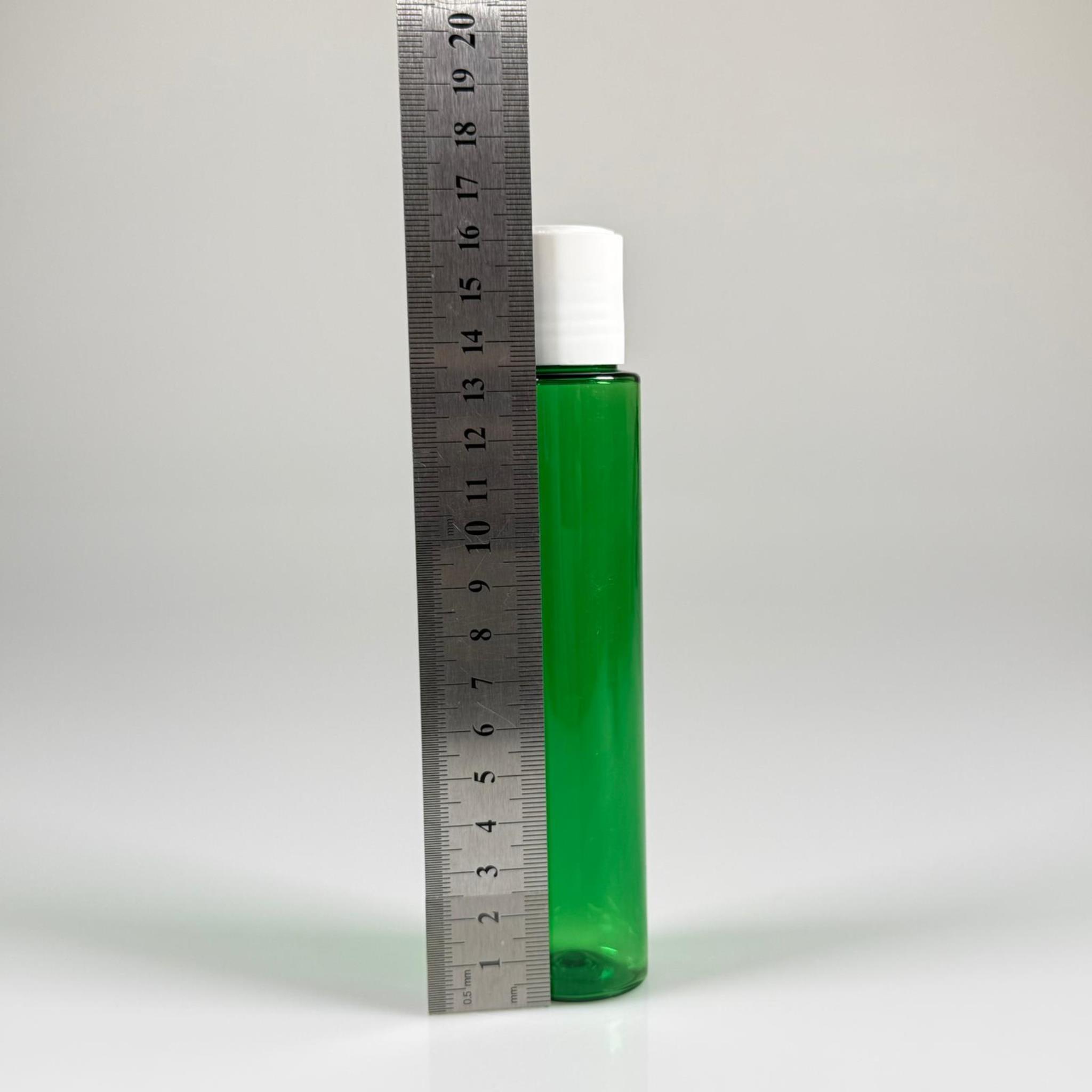 100 CC UZUN SİLİNDİR YEŞİL PET ŞİŞE (24 GR)  - BEYAZ DİSKTOP AKITICI ŞAMPUAN KAPAKLI - 100 ML BİBERİYE SUYU, LAVANTA YAĞI, SAÇ SERUM, TONİK VB İÇİN PLASTİK KOZMETİK AMBALAJLARI