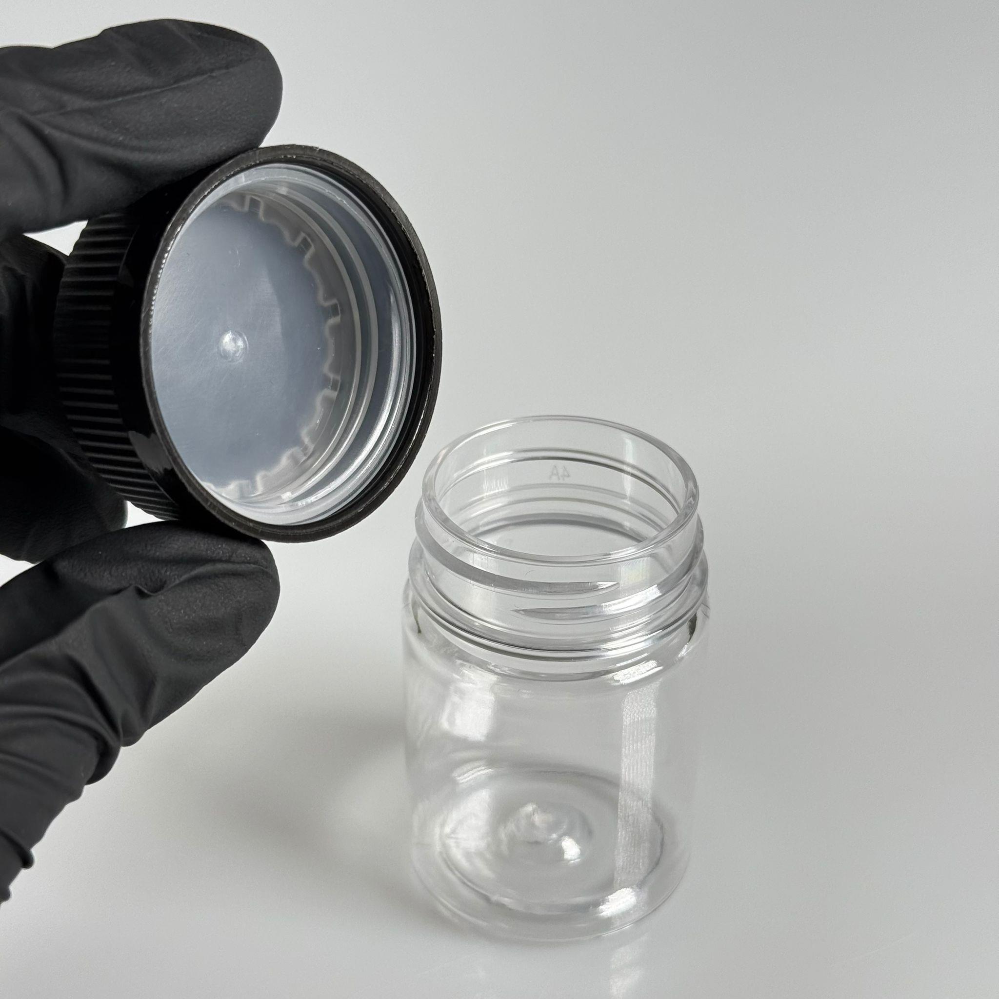 50 CC PET ŞİŞE GENİŞ AĞIZLI  - SİYAH ÇOCUK KİLİT KAPAKLI - 50 ML PLASTİK NUMUNE KAVANOZU, MİNİ TABLET KAVANOZU