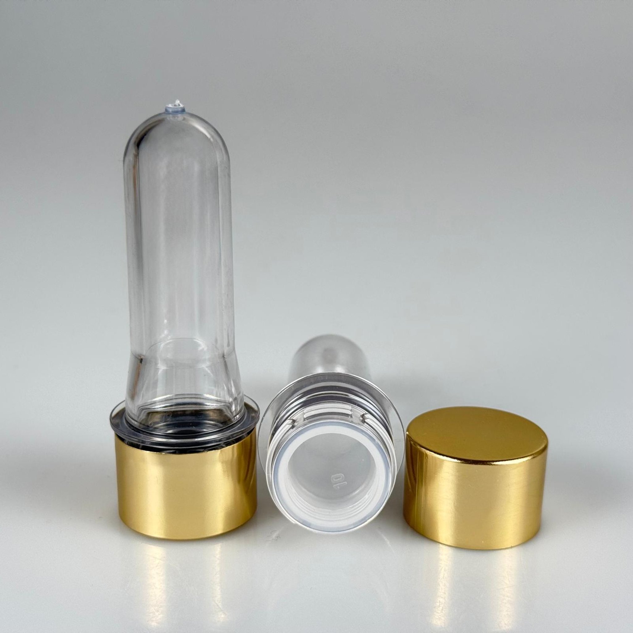 9 CM TÜP - 20 CC UZUN KALIN PET ŞİŞE + ALÜMİNYUM KAPLAMALI GOLD KAPAKLI + KÖR TIPALI TAKIM - 20 ML KALIN PET ŞİŞE