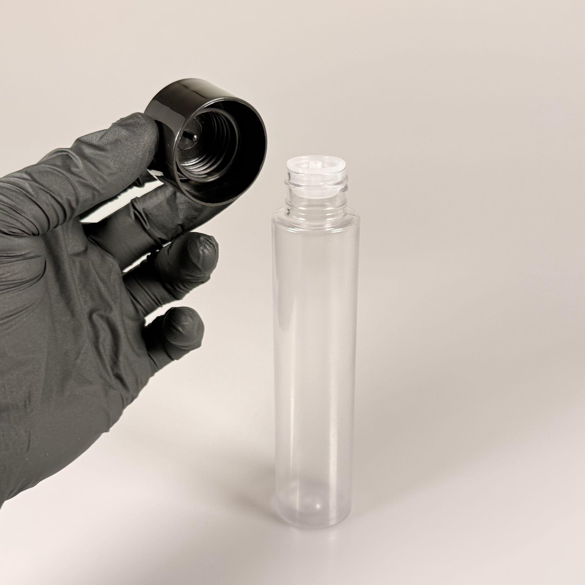 100 CC UZUN SİLİNDİR BUĞULU PET ŞİŞE (24 GR)  - SİYAH DERİN ETEKLİ KAPAKLI KOLONYA TIPALI - 100 ML BİBERİYE SUYU, LAVANTA YAĞI, SAÇ SERUM, TONİK VB İÇİN PLASTİK KOZMETİK AMBALAJLARI