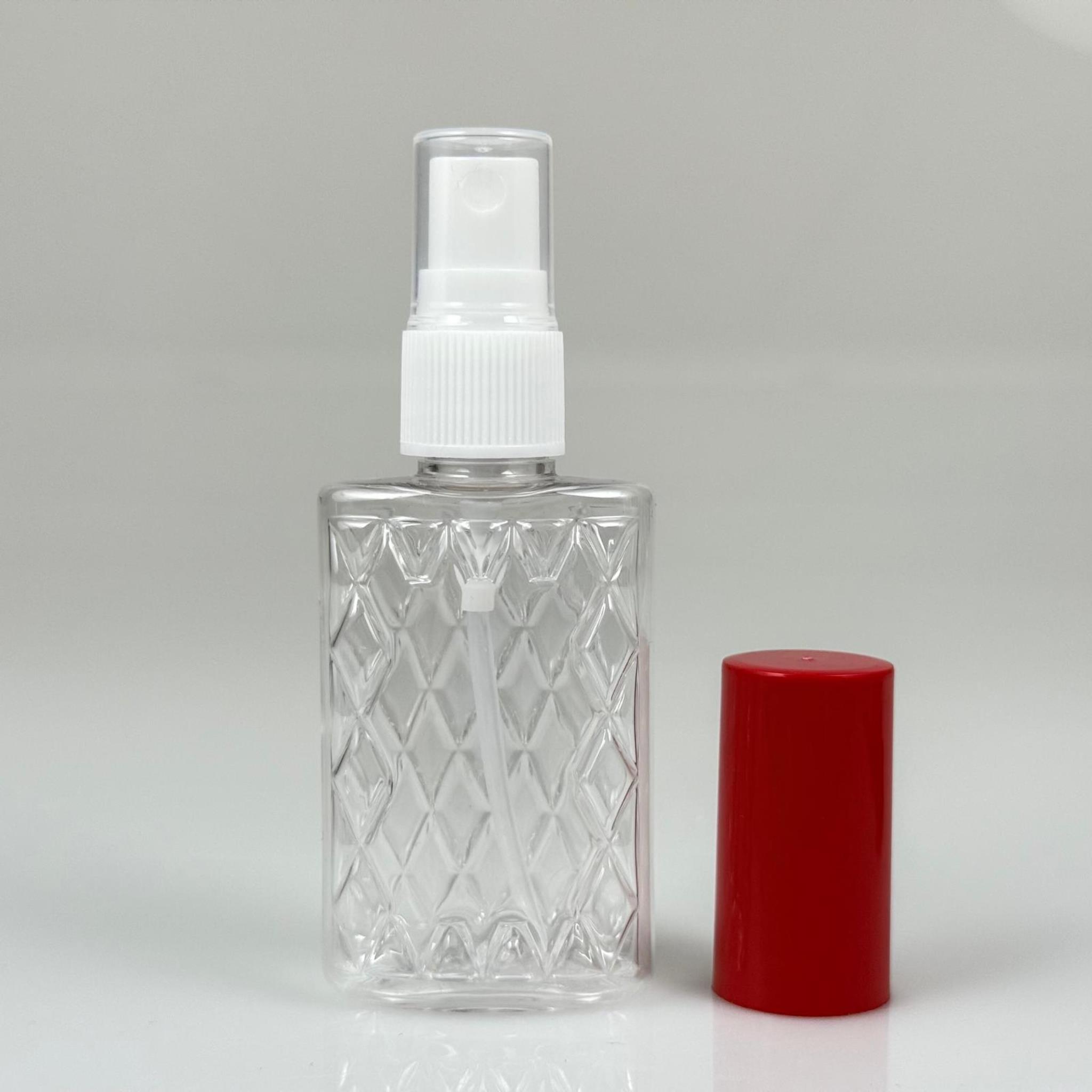 50 CC ŞEFFAF PET KÖŞELİ PARFÜM ŞİŞESİ - BEYAZ SPREYLİ - KIRMIZI KORUMA KAPAKLI - 50 ML PLASTİK PARFÜM - KOLONYA ŞİŞESİ