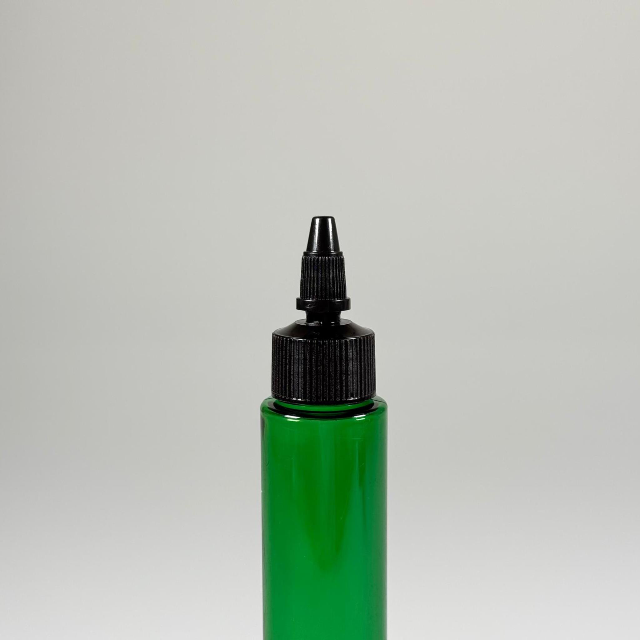 100 CC UZUN SİLİNDİR YEŞİL PET ŞİŞE (24 GR)  - SİYAH TWİST SİVRİ ASANSÖR AKITICI KAPAKLI - 100 ML BİBERİYE SUYU, LAVANTA YAĞI, SAÇ SERUM, TONİK VB İÇİN PLASTİK KOZMETİK AMBALAJLARI