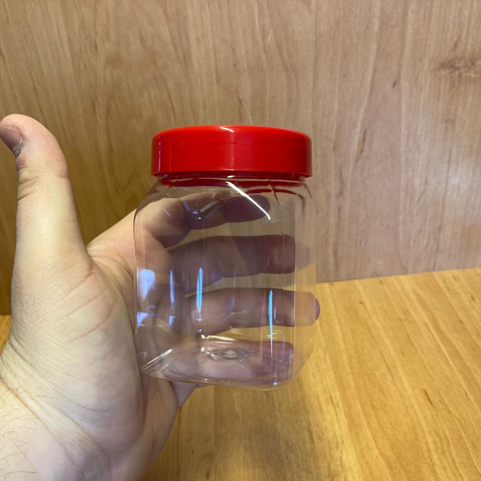 250 CC KARE PET KAVANOZ - KIRMIZI PLASTİK KAPAKLI - 250 ML PLASTİK KAVANOZ