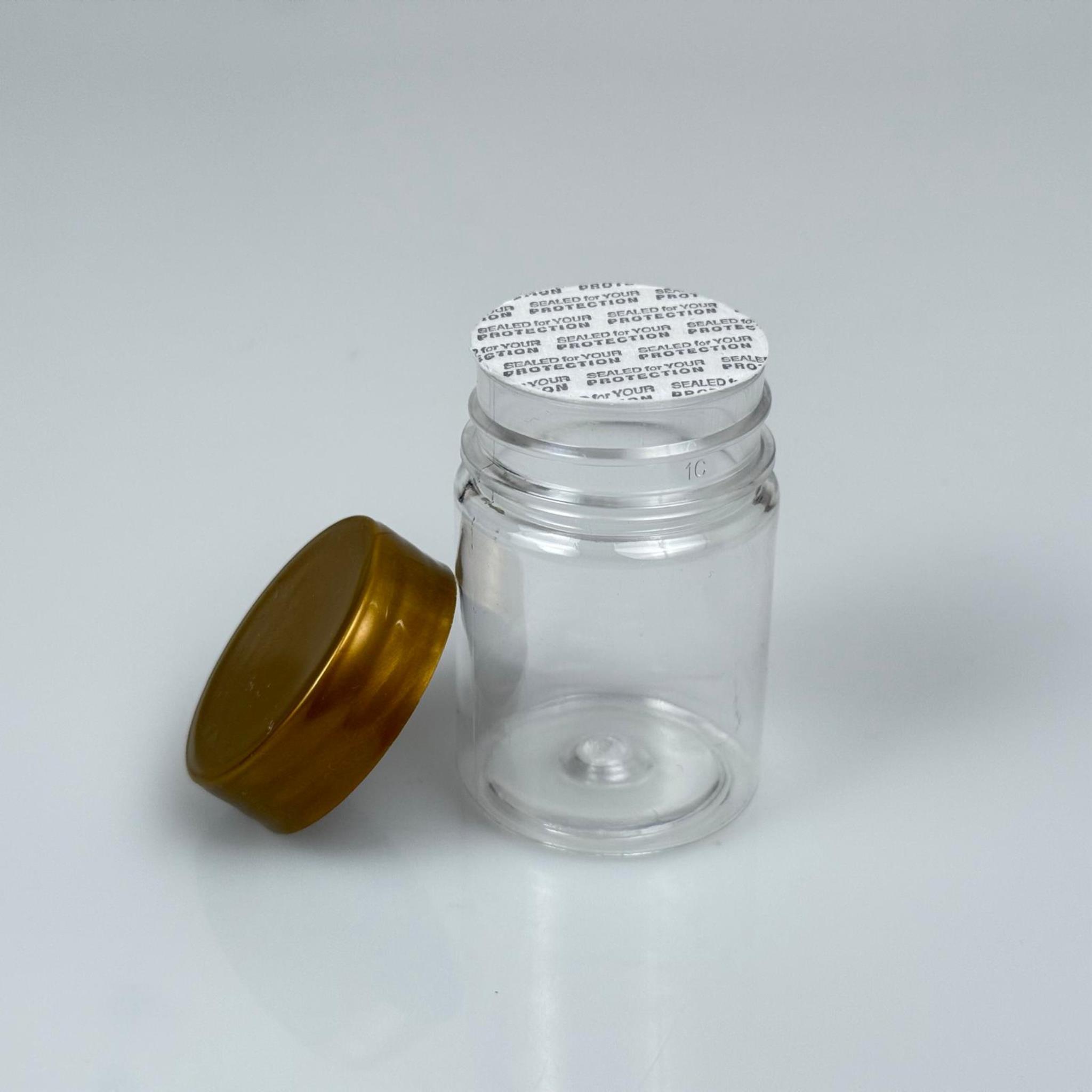 50 CC PET ŞİŞE GENİŞ AĞIZLI  - GOLD KAPAKLI + KENDİNDEN YAPIŞKANLI KÖPÜK CONTALI  - 50 ML PLASTİK NUMUNE KAVANOZU, MİNİ TABLET KAVANOZU