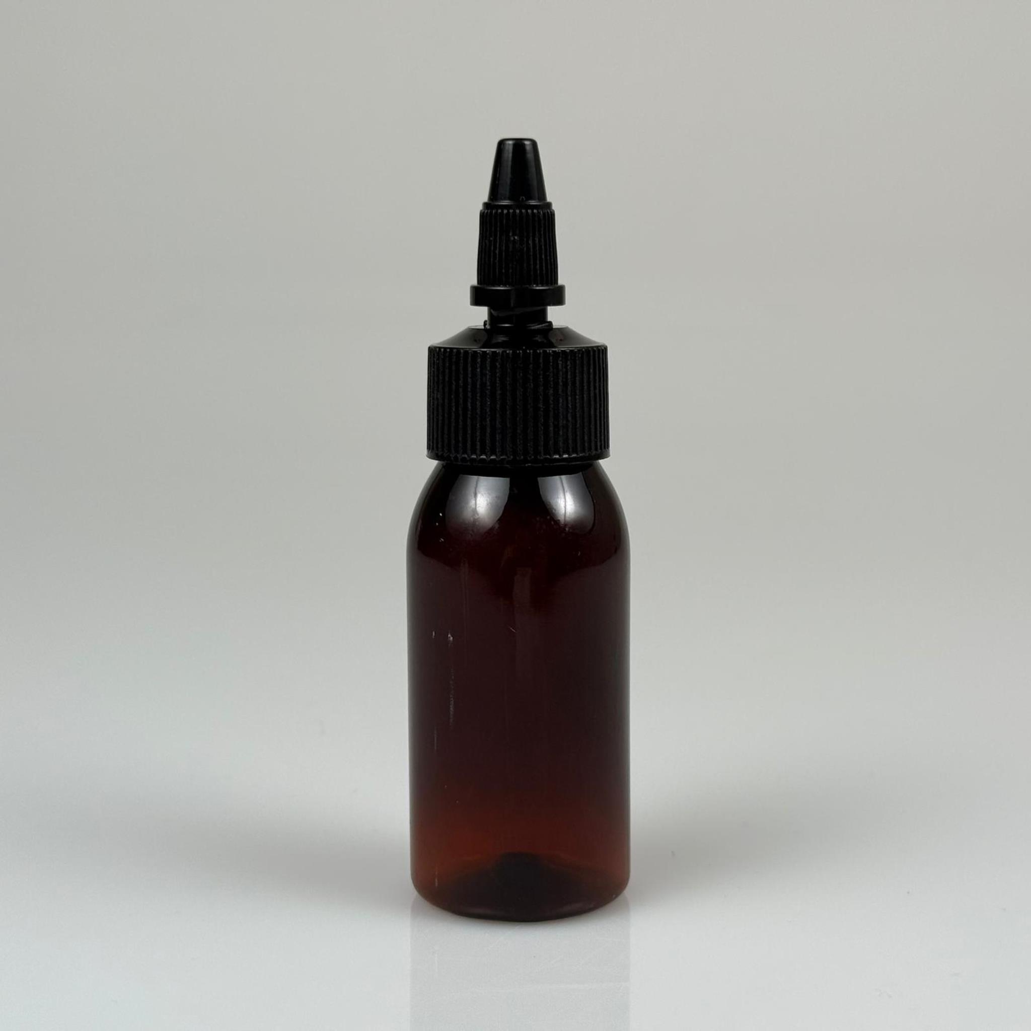 YAĞ, SOS, ACI SOS, SİRKE, SRIRACHA, MÜREKKEP, TUTKAL AKITICI VB BOŞ ŞİŞELERİ - SİYAH SİVRİ TWİST AKITICI KAPAK + 50 ML AMBER SERT PET PLASTİK ŞİŞE TAKIM